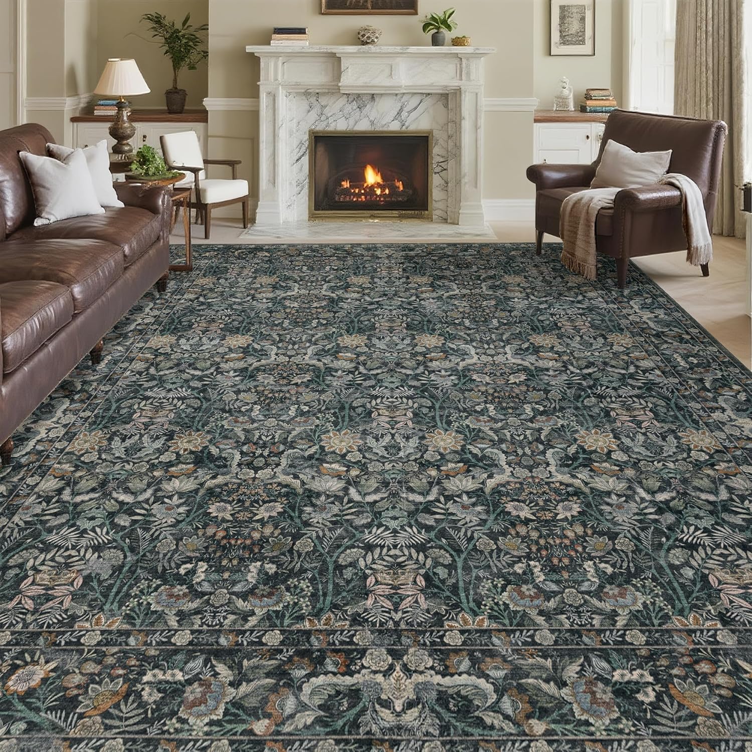 similar to stock photo.Washable Living Room Rug: 8x10 Boho Floral Soft Area Rug for Bedroom Decor - Vintage Low Pile Thin Carpet for Dining Room Non-Slip - Farmhouse Stain Resistant Rugs - Dark Green Dark Green 8' x 10' (Rectangular)