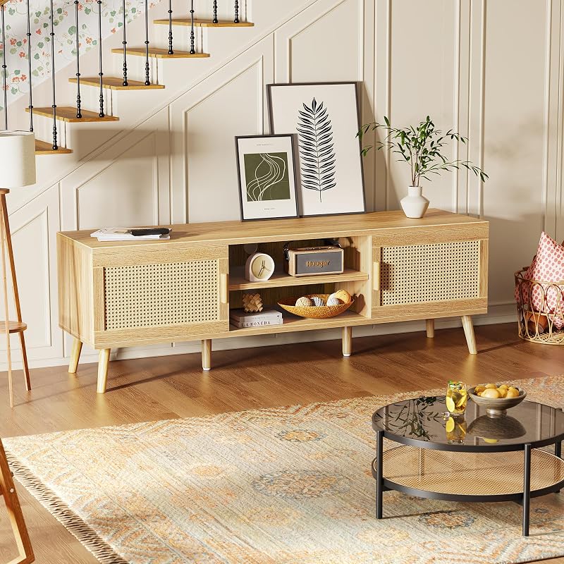 SUPERJARE Boho TV Stand for 65 Inch TV, Entertainment Center with Adjustable Shelf, Rattan TV Console with 2 Cabinets, Media Console, Solid Wood Feet, 4 Cord Holes, for Living Room - Natural image 5