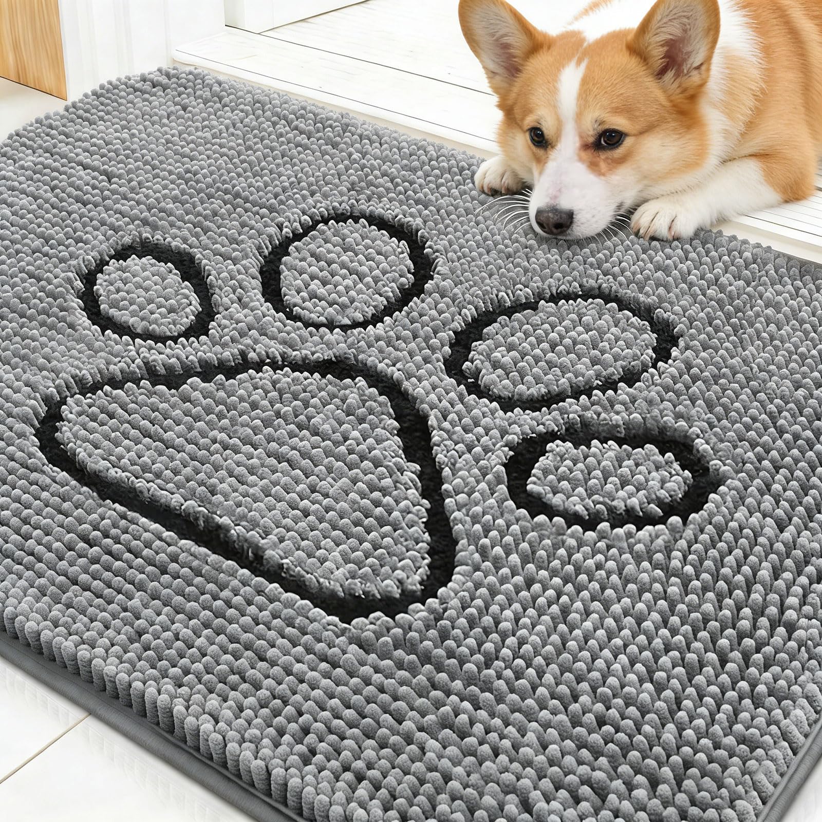 OLANLY Dog Door Mat for Muddy Paws 30x20, Paw Print Design Chenille Mud Mat