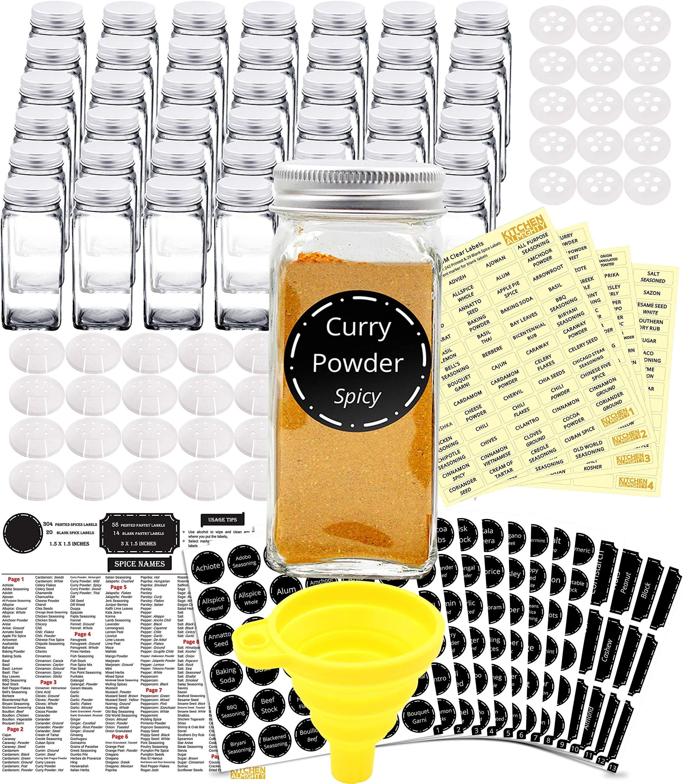 42 Glass Spice Jars Complete Set: 667 Chalkboard & Clear Printed Spice & Pantry Labels - 4 fl Oz Empty Square Bottles w/Pour/Sift & Coarse Shakers & Airtight Cap - Silicone Funnel by KITCHEN ALMIGHTY