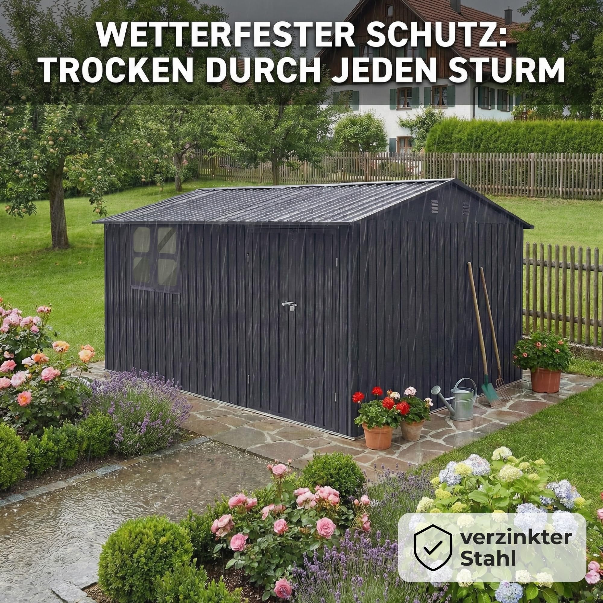 Albatros Gerätehaus 3XL | Anthrazit RAL 7016 | 371x304x201cm (22,6m³) | abschließbar inkl. Schloss & Werkzeughaken | Gartenhaus aus verzinktem wetterfestem Metall | Geräteschuppen Gartenschrank