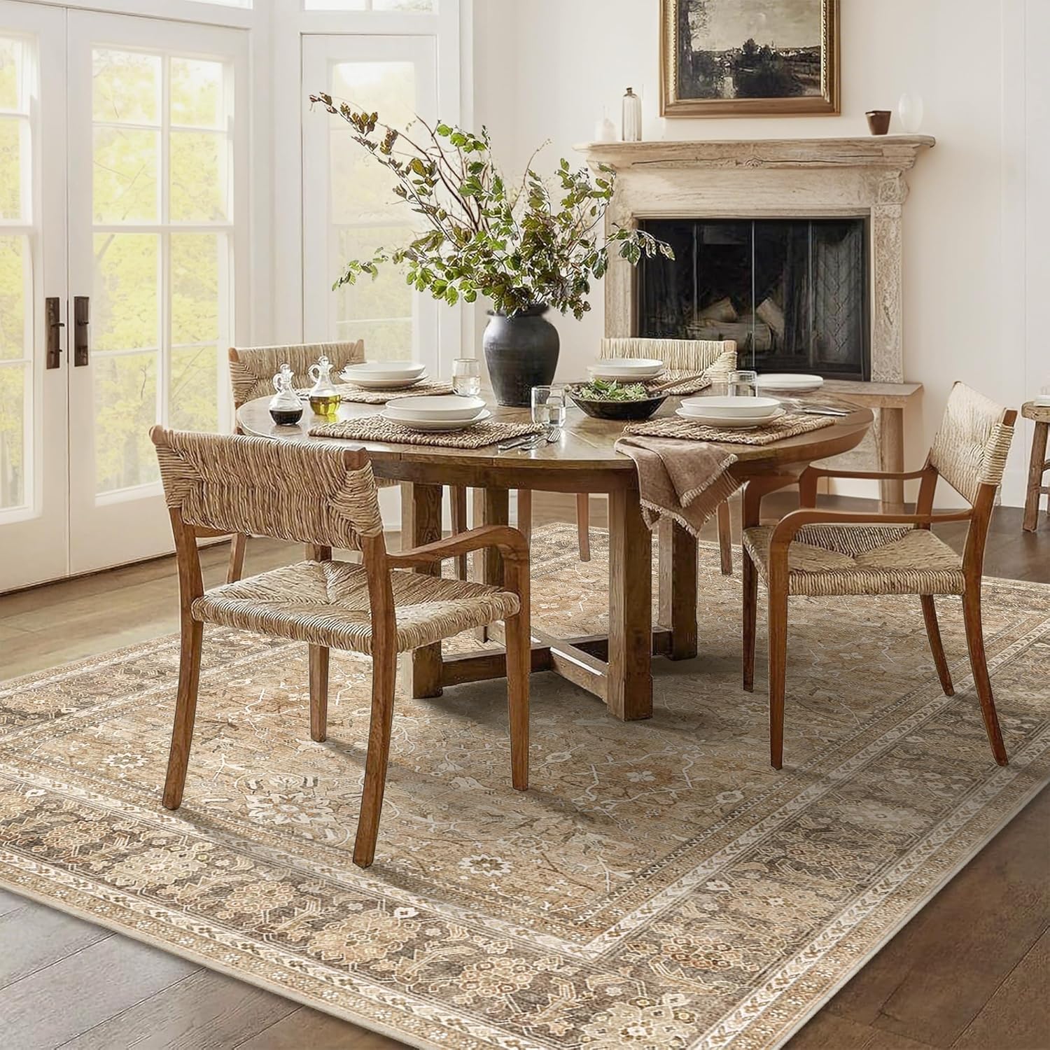 hellotree washable rugs 6x9 area rug for living room, vintage boho khaki rug non slip carpet retro accent indoor mat print distressed low pile throw large rug for office bedside-khaki khaki 6' x 9' (rectangular)