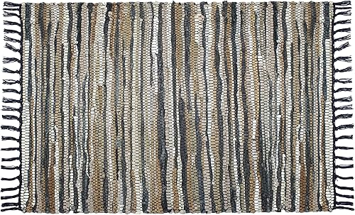 COTTON CRAFT Leather Chindi - Alfombra decorativa rústica bohemia de estilo rústico, tejida a mano, reversible, de piel reciclada, para entrada,