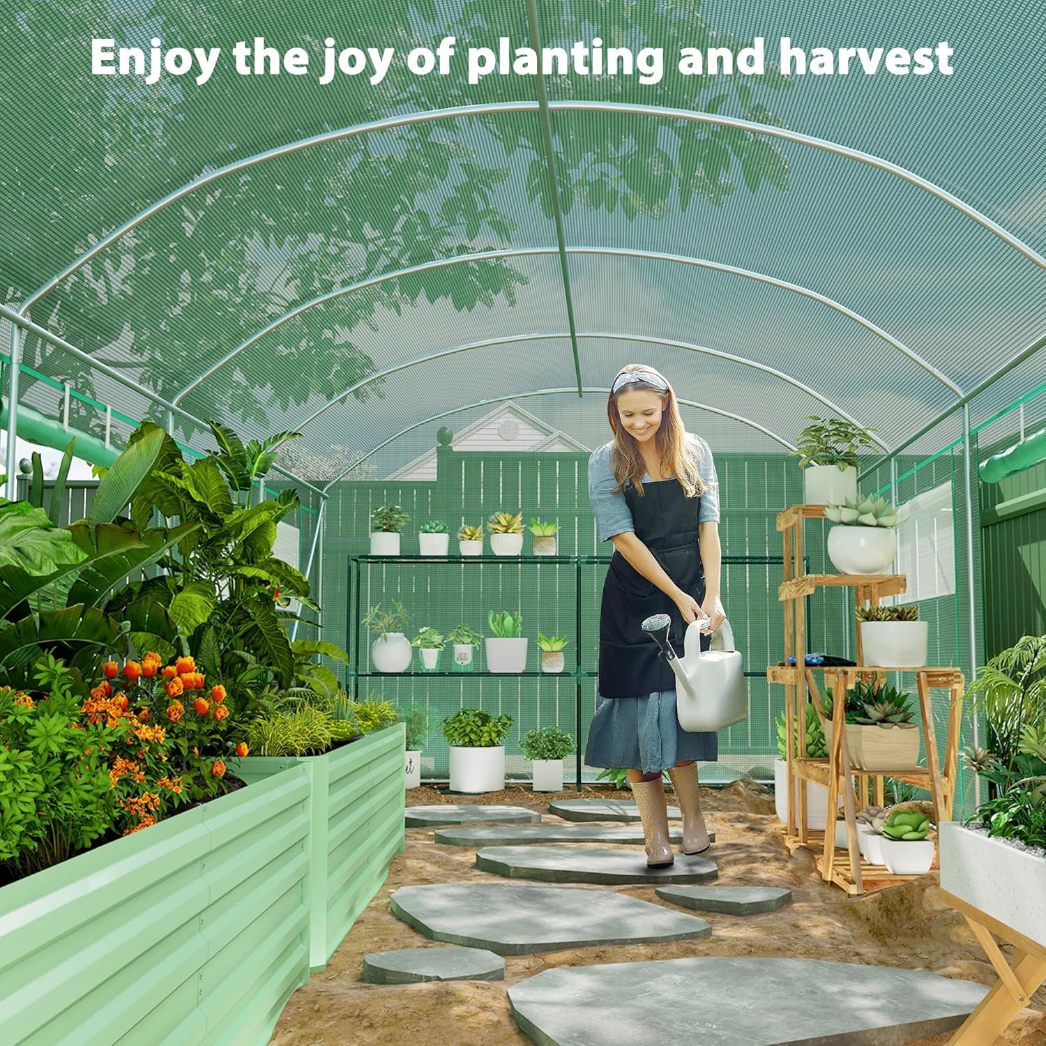 Diagram showing extended cover edges and ground stake anchoring