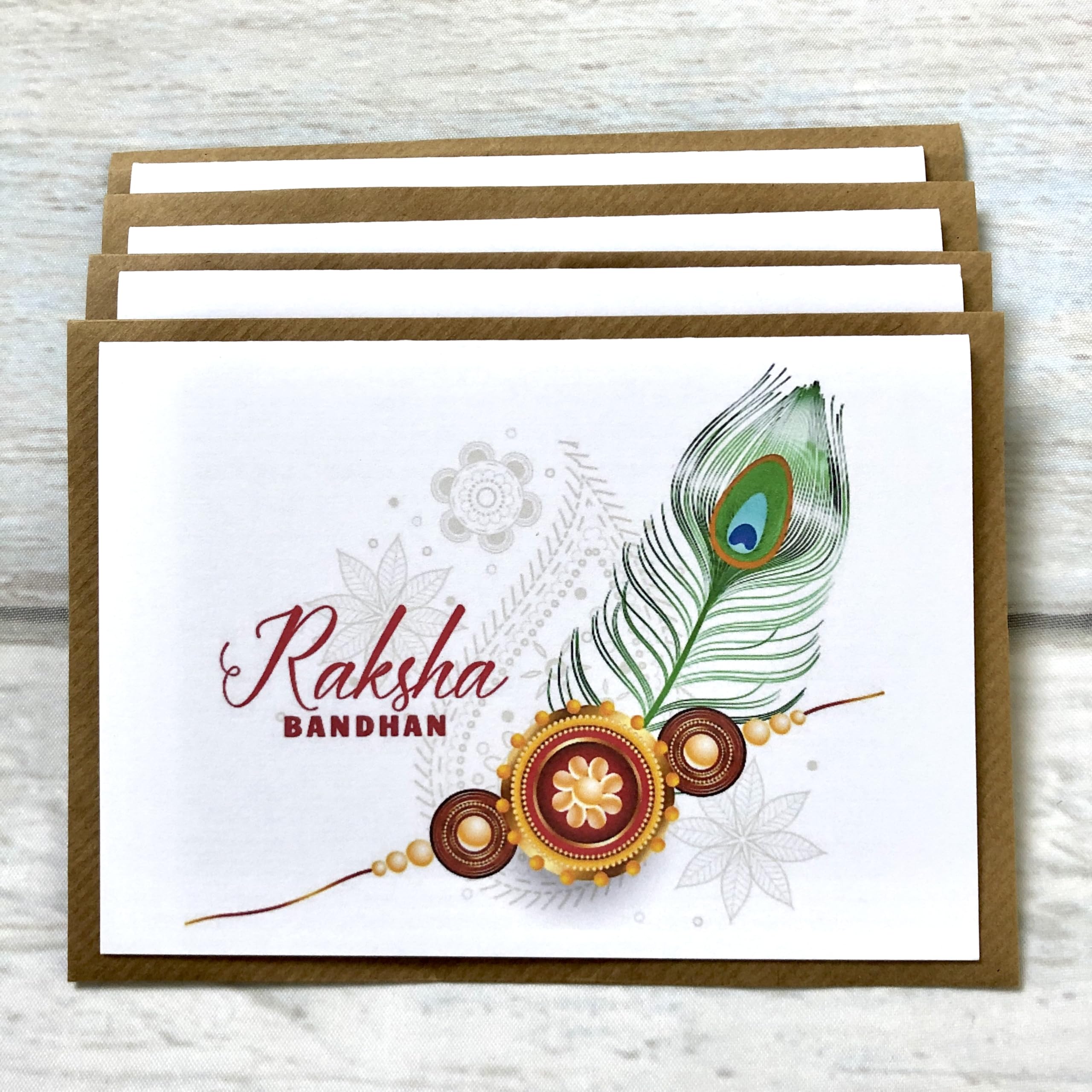 Raksha Bandhan Greeting Cards with Peacock Feather Design, Pack of 4, Brown Envelopes