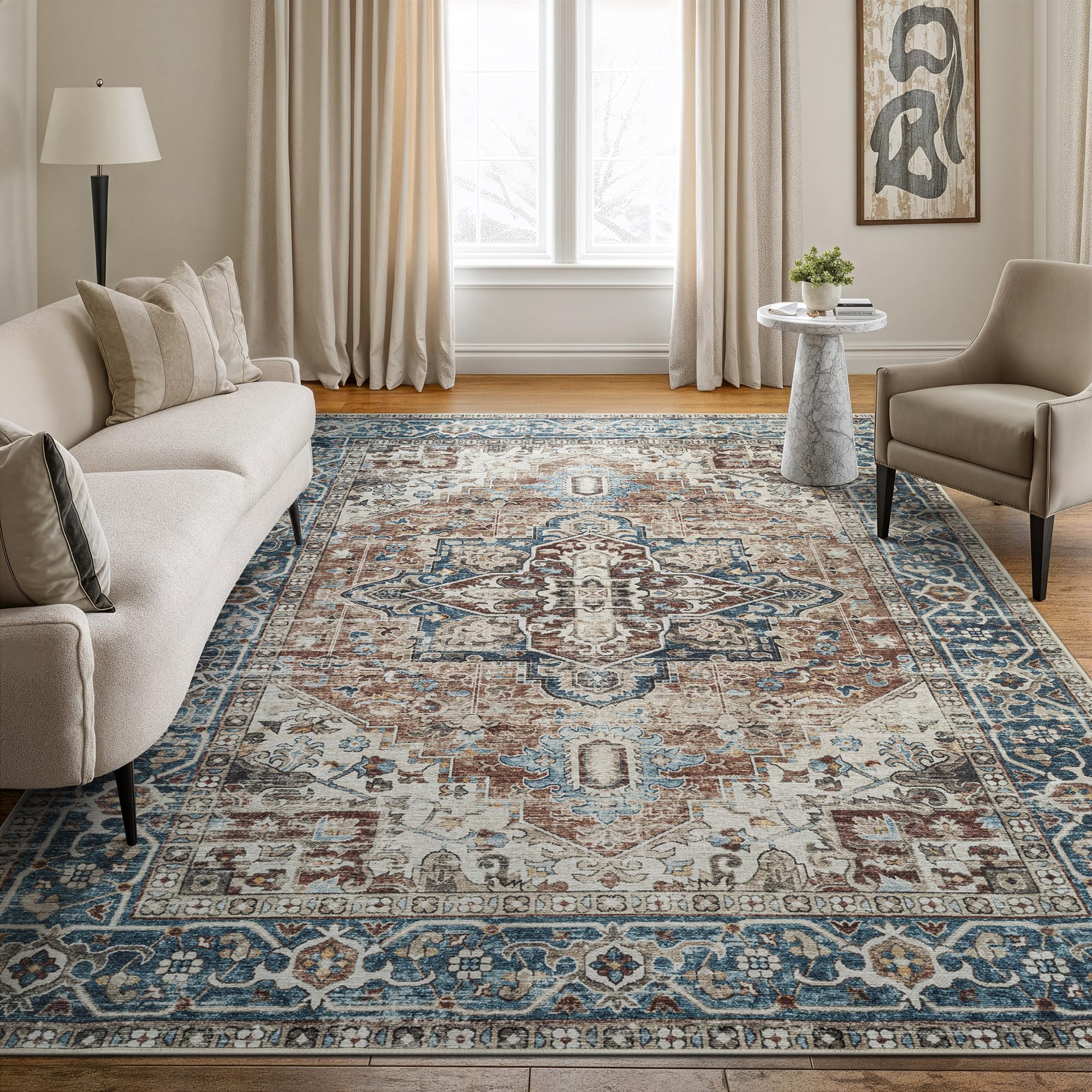Bloom Rugs Caria Washable Non-Slip 6x9 Rug - Terracotta/Blue Traditional Area Rug for Living Room, Bedroom, Dining Room, and Kitchen - Exact Size: 6'