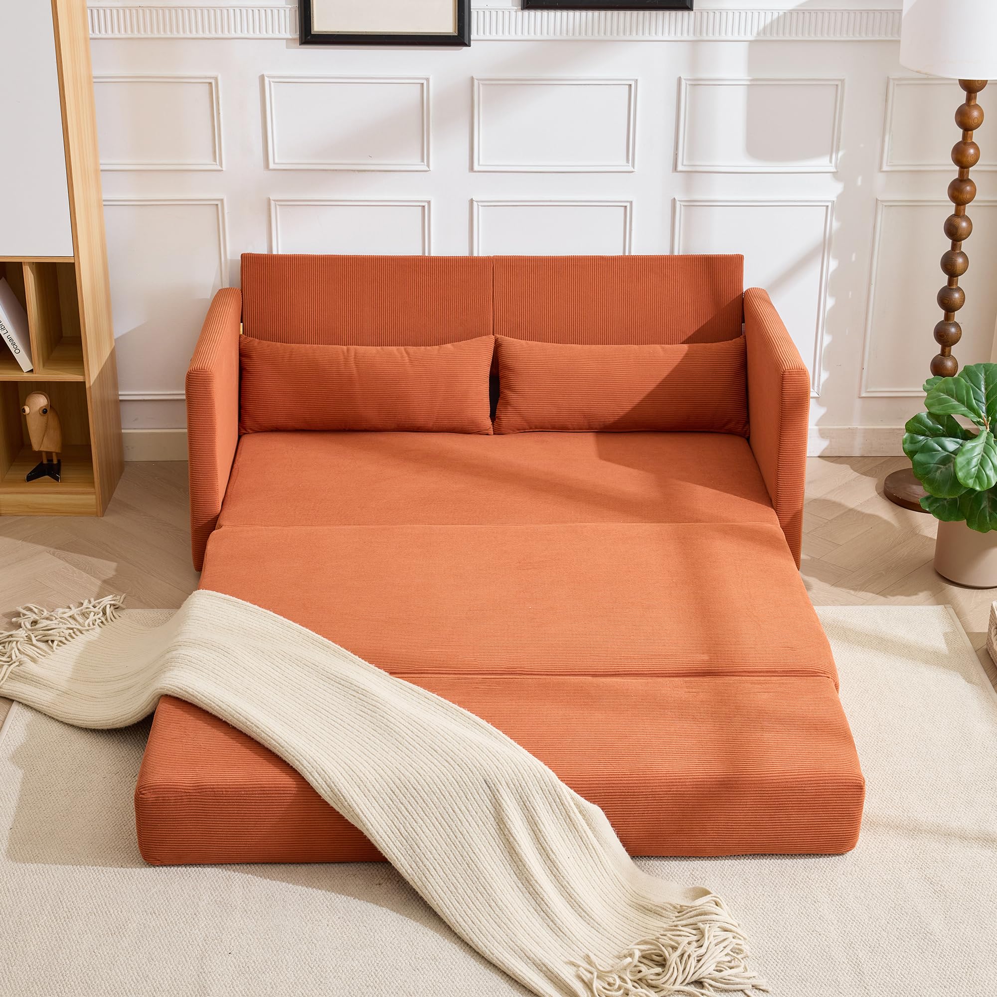 Generisch 2 w 1 sztruksowa sofa składana 2-osobowa, pomarańczowa sofa z poduszką