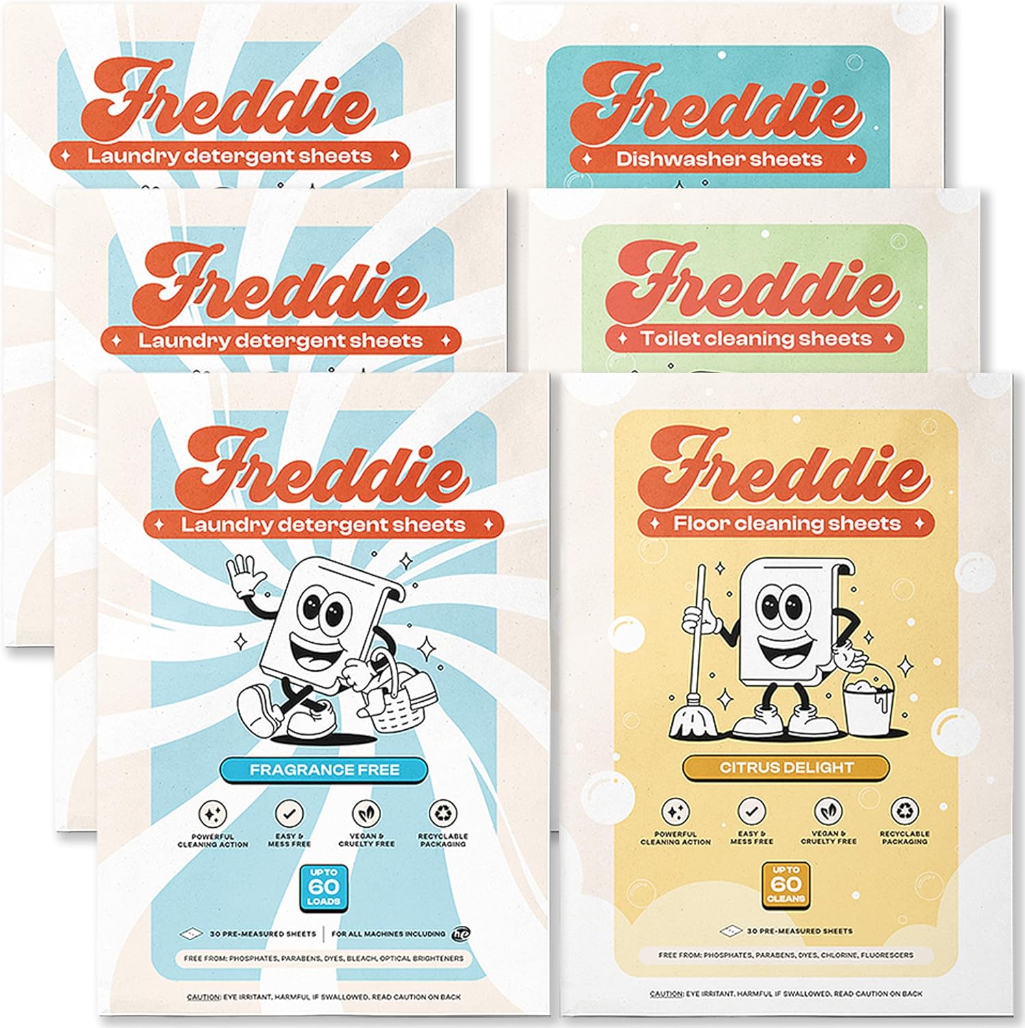 Freddie Everything 3x Bundle: 3 Pack of Fragrance Free Laundry Sheeets plus 1 pack each of Toilet Cleaning Sheets, Floor Cleaning Sheets, Dishwashing Sheets
