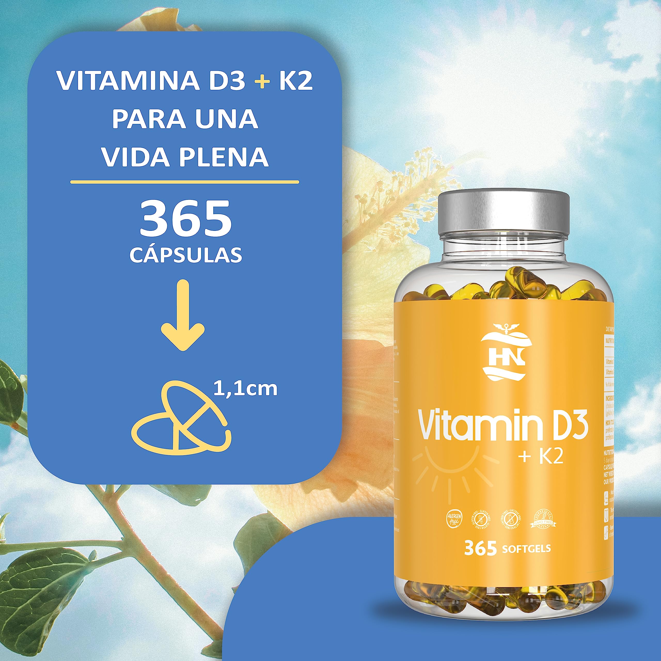 Vitamina D - 365 Cápsulas de vitamina D3 K2 – Vitamina D (5000 UI) altamente concentrada. Favorece la función inmunológica y ósea - 1095 cápsulas (3 botes)