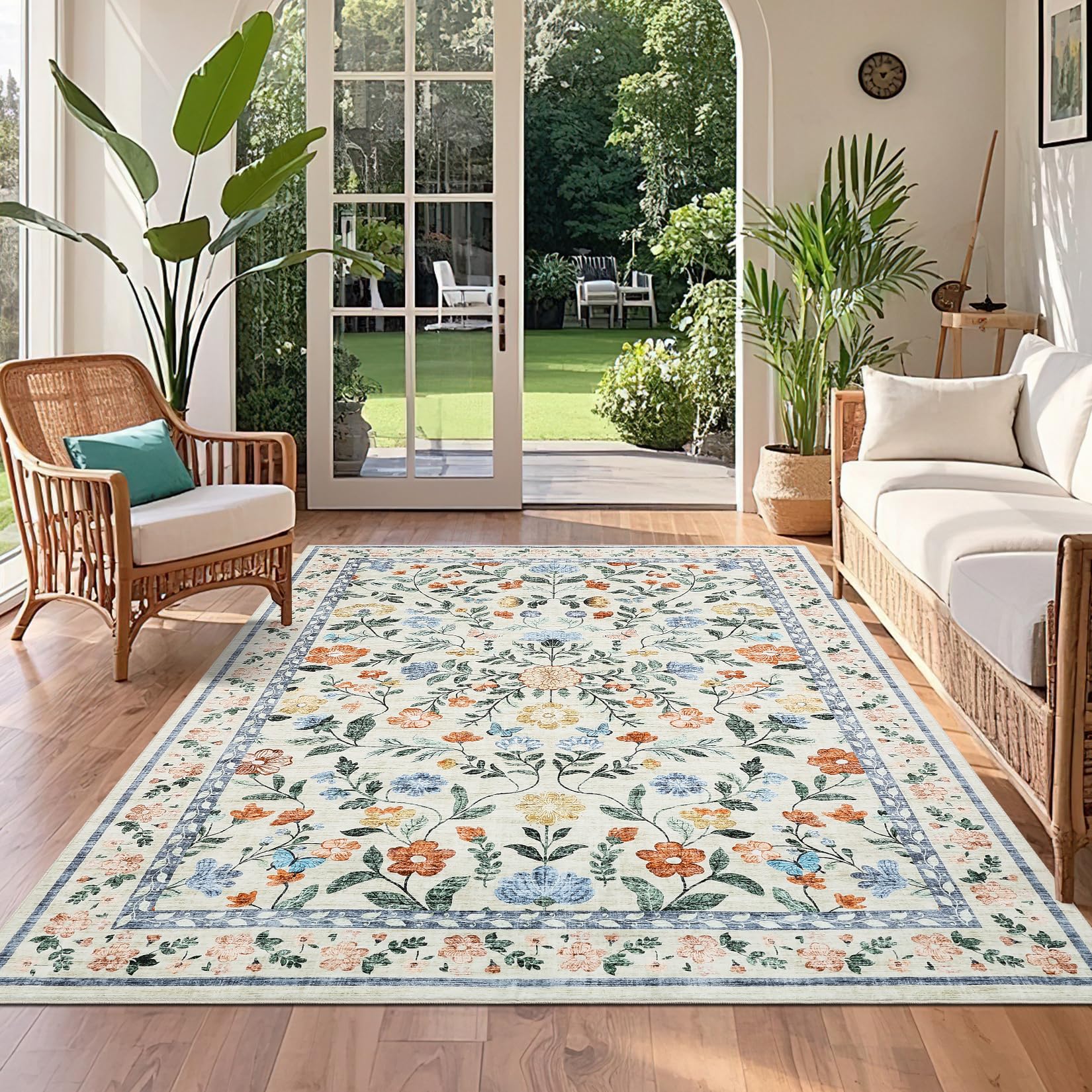 CAROMIO 120x170 cm Machine Washable Floral Rug, Non-Slip Living Room Soft Area Rug, Foldable Farmhouse Carpet for Bedroom, Dining Room and Nursery, Green — image 1