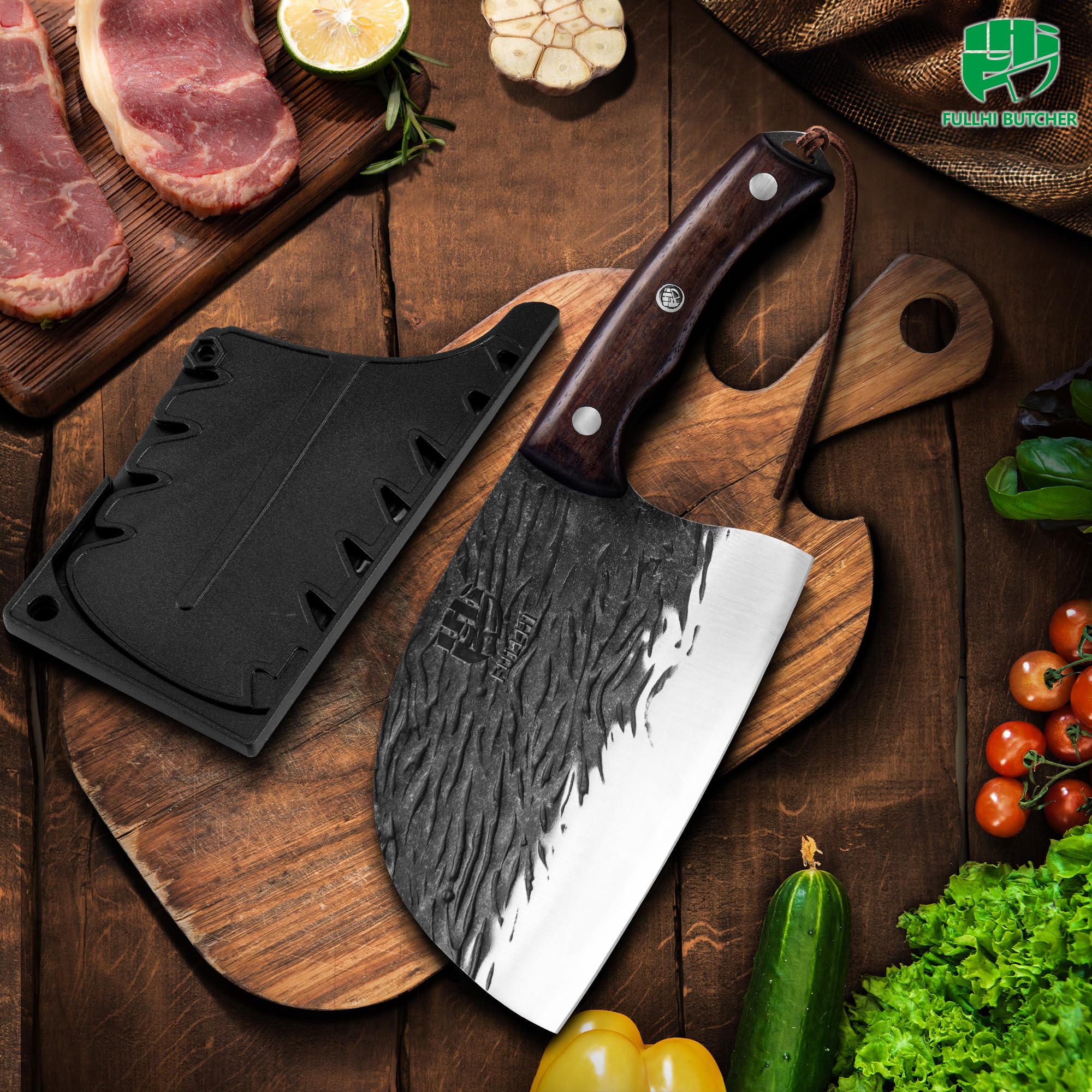 FULLHI Coltello da macellaio con fodero, coltello da cuoco serbo Tang, coltello da verdure con mannaia in acciaio al carbonio per esterno, campeggio