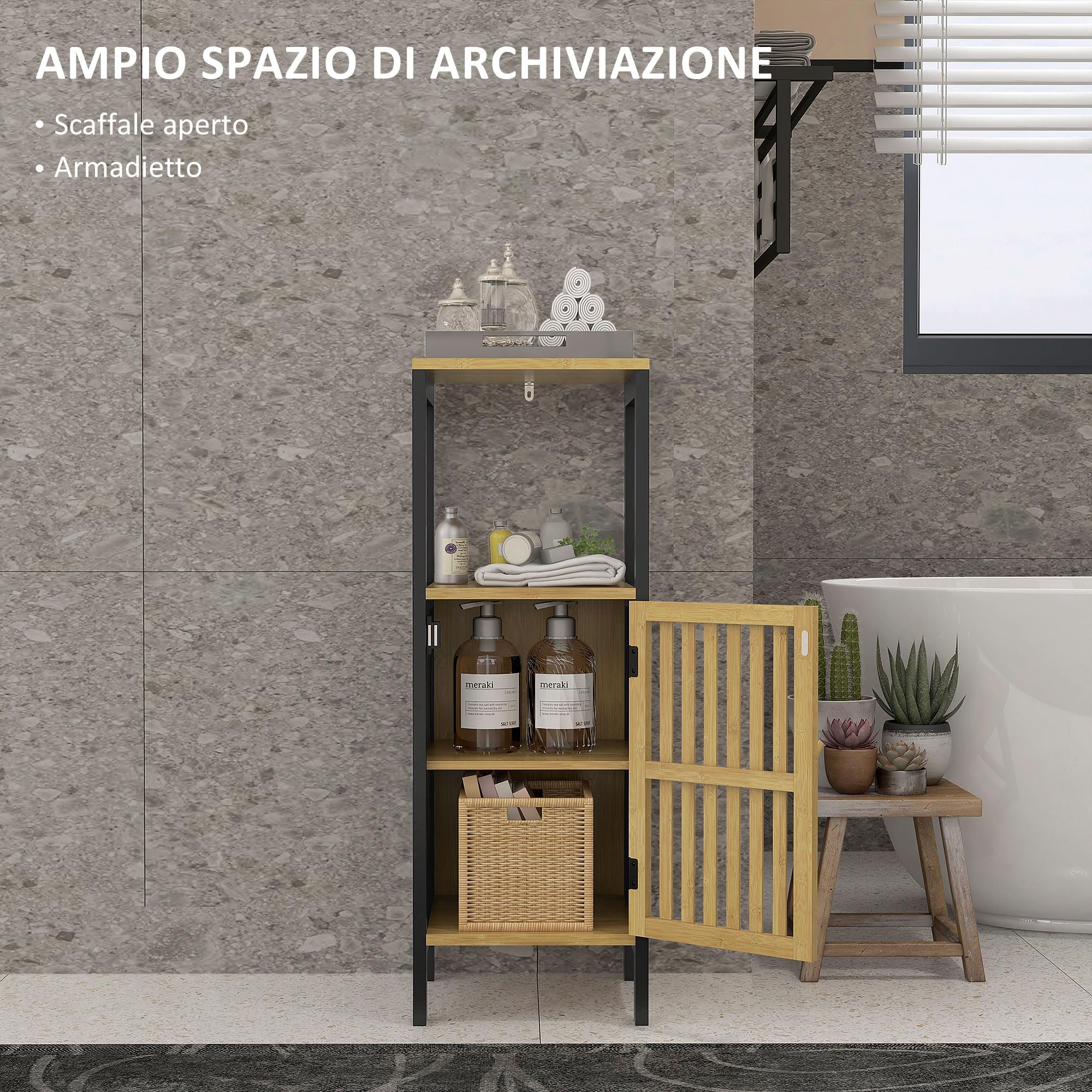 HOMCOM Mobiletto Bagno Salvaspazio con Ripiano Aperto e Armadietto con Ripiano Regolabile, Mobile da Bagno in MDF e Bambù, 32x30x90.5 cm, Nero e color Legno