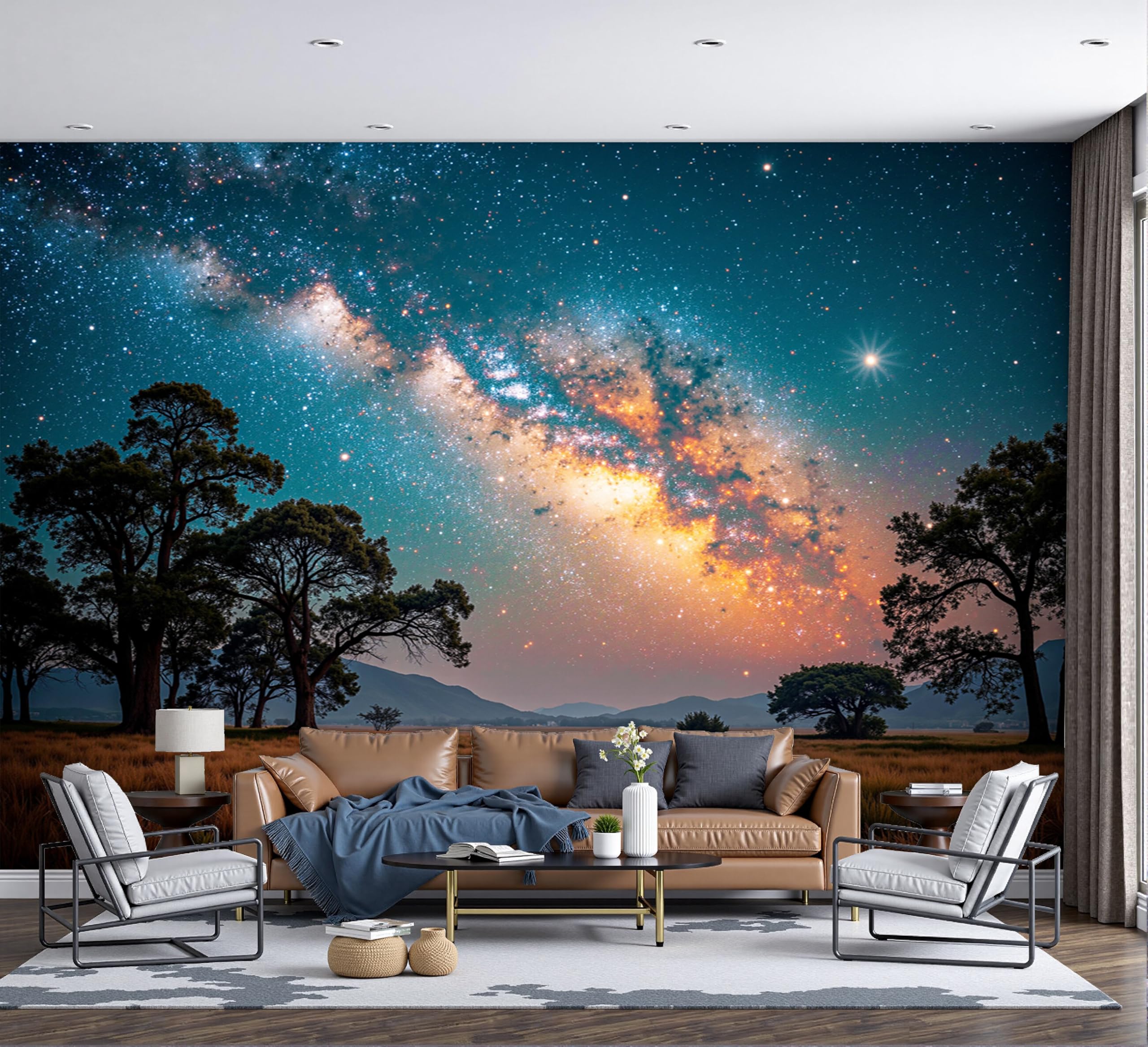 Carta Da Parati Fotografica 200X140Cm Campi Stellati Paesaggio Da Sogno Poster Murale Soggiorno Camera Da Letto,Grande Fotomurali Murale Decorazione Della Parete, Blu