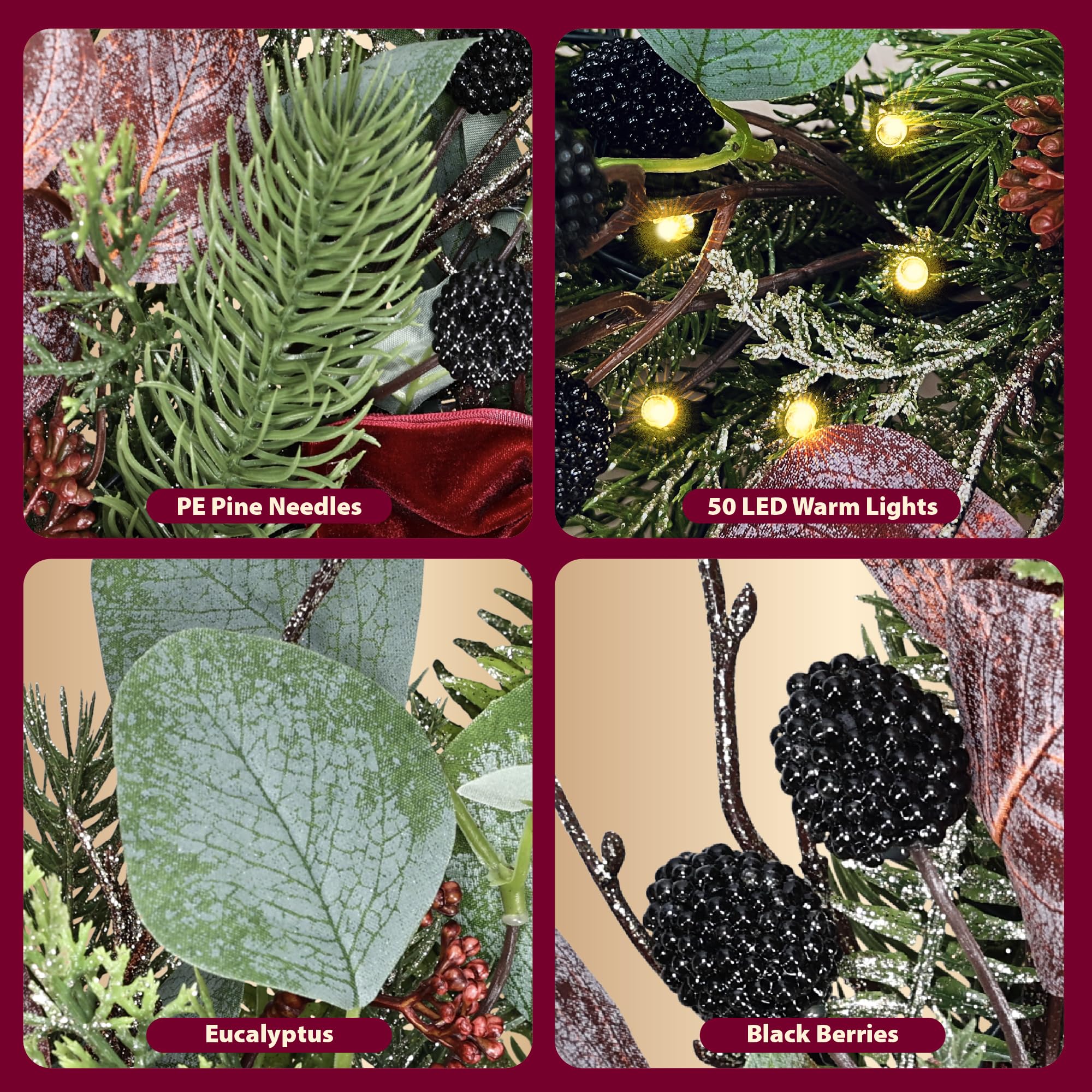 Couronne de Noël artificielle, 61 cm pré-éclairée avec 50 lumières LED, nœud bordeaux, eucalyptus, sprays rouges, baies noires