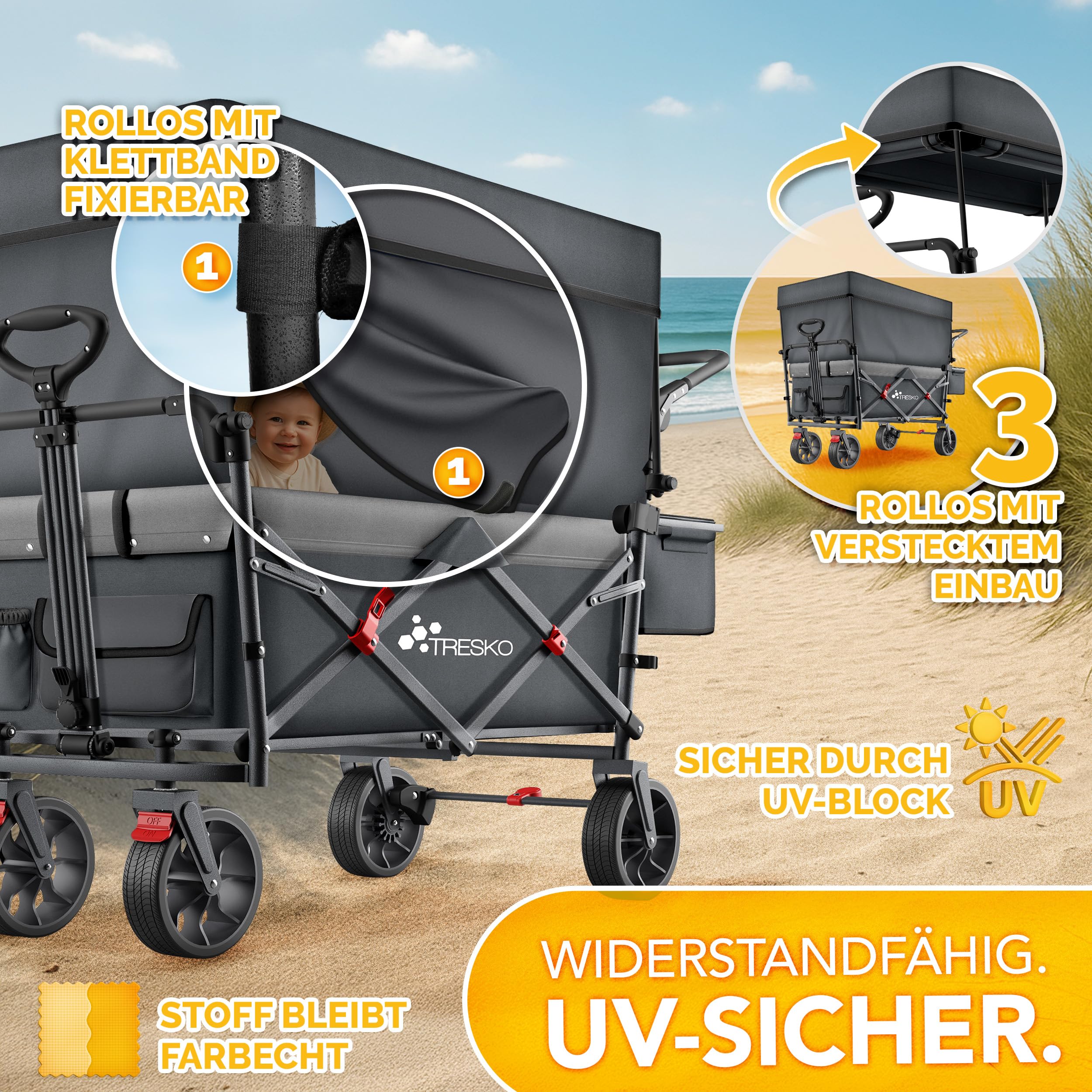 TRESKO® Bollerwagen Faltbar mit Dach, Kühlfach & Seitenrollos | Handwagen max. belastbar bis 150kg | Transportwagen mit Vollgummireifen & Feststellbremsen (Vorne & Hinten) und 3-Punkt-Gurt (Anthrazit)