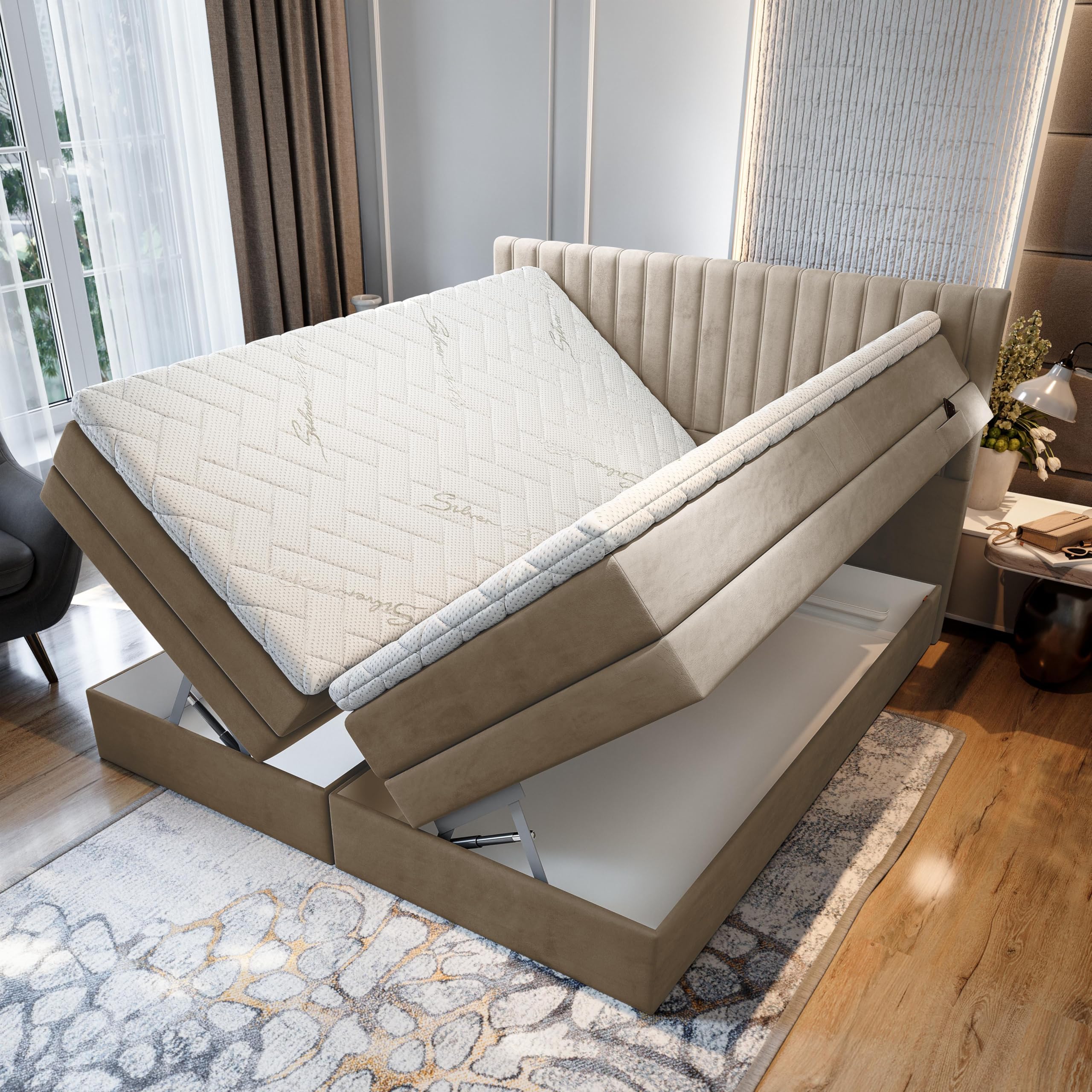 TRADA Letto Contenitore Matrimoniale ADELE, 200x200cm, Beige | Letto Elettrico con Materasso + Tooper e Contenitore - Rivestimento In Tessuto Velour
