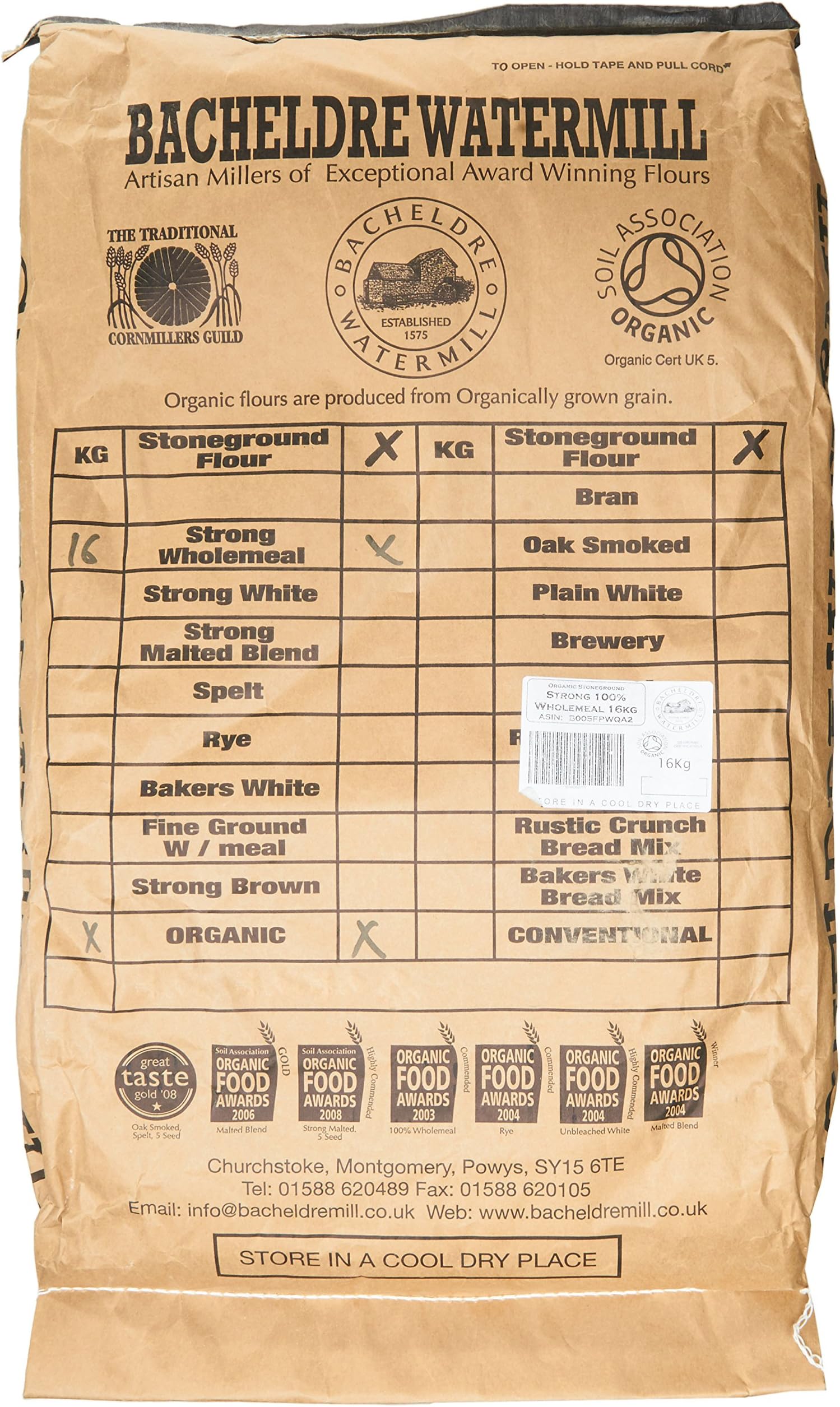 Bacheldre Watermill Organic Stoneground Strong 100% Wholemeal Flour 16 kg