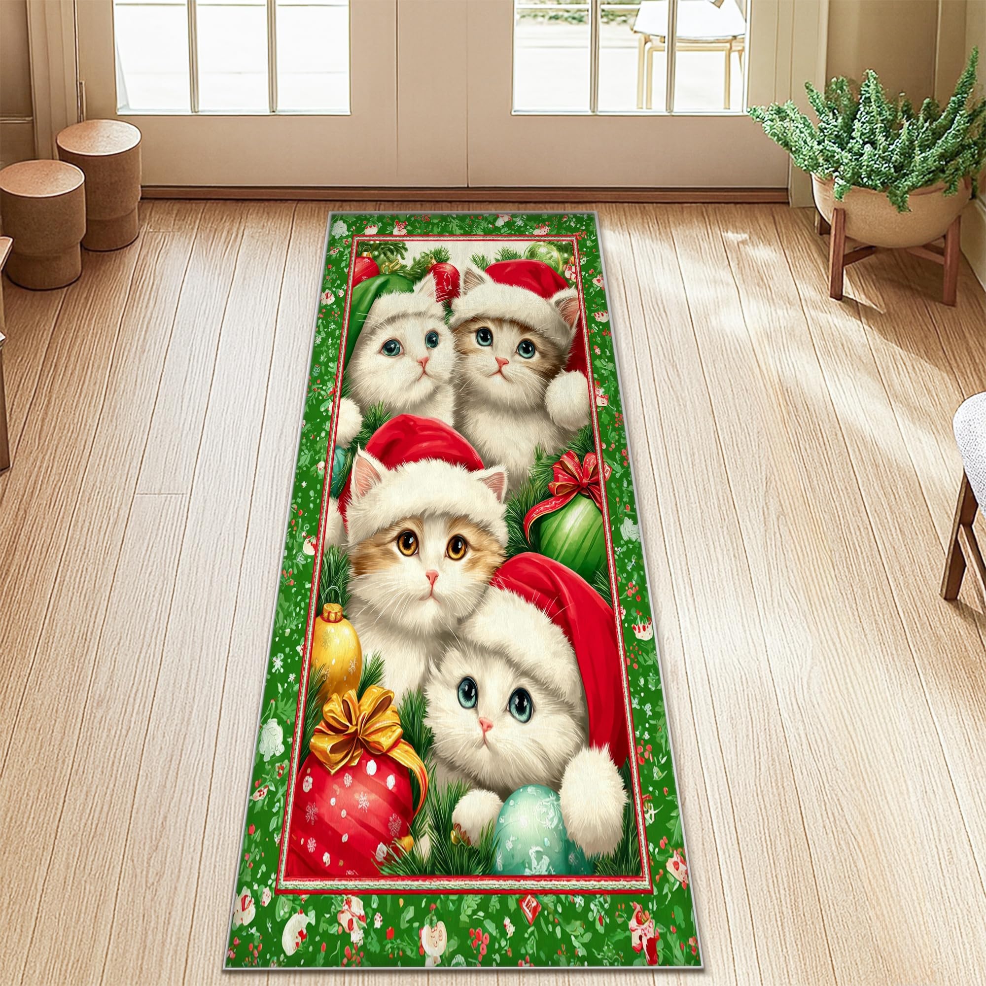 Cats Runner Rug, Christmas Festive Santa Hats Christmas Ornaments Green Low Pile Indoor Rectangle Carpet Non Shedding for Kitchen Entryway Bedside Laundry Decor 2x5 Ft
