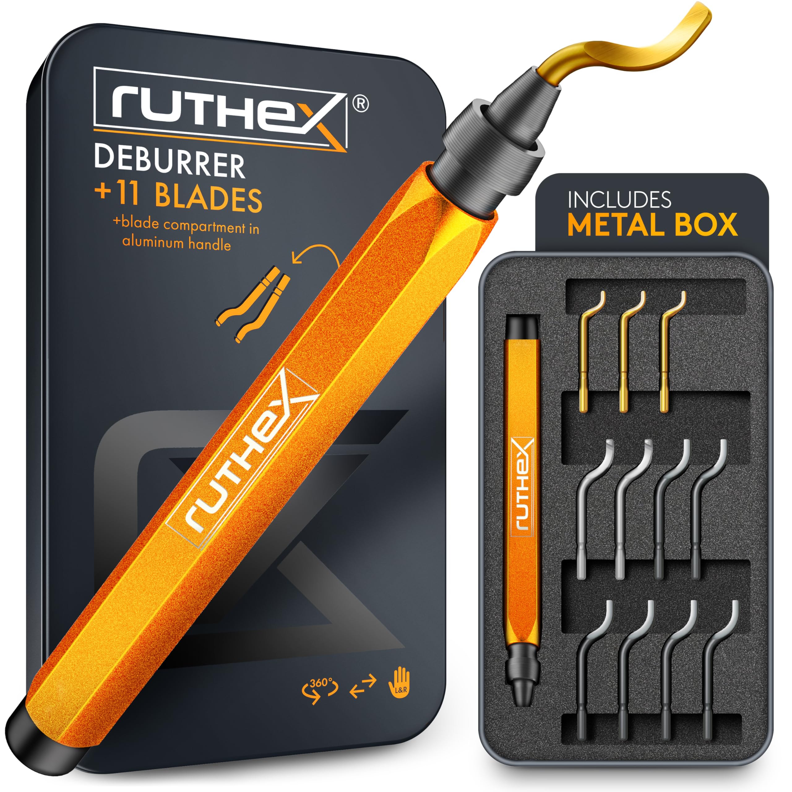 Ruthex Desbarbador Manual en Caja de Metal con 11 Cuchillas para Plástico, Metal y Acero Inoxidable