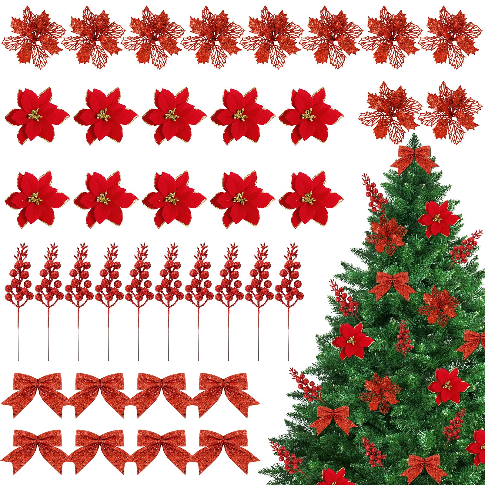 BOOMTOP 38pcs Flores Navidad Rojas con Clips Kit Lazo Navidad con Purpurina/Bayas, Flor para Árbol de Navidad, Decoración Colgante Árbol de Navidad Boda, Flores Sólidas/Huecas/Lazo/Bayas/Clips