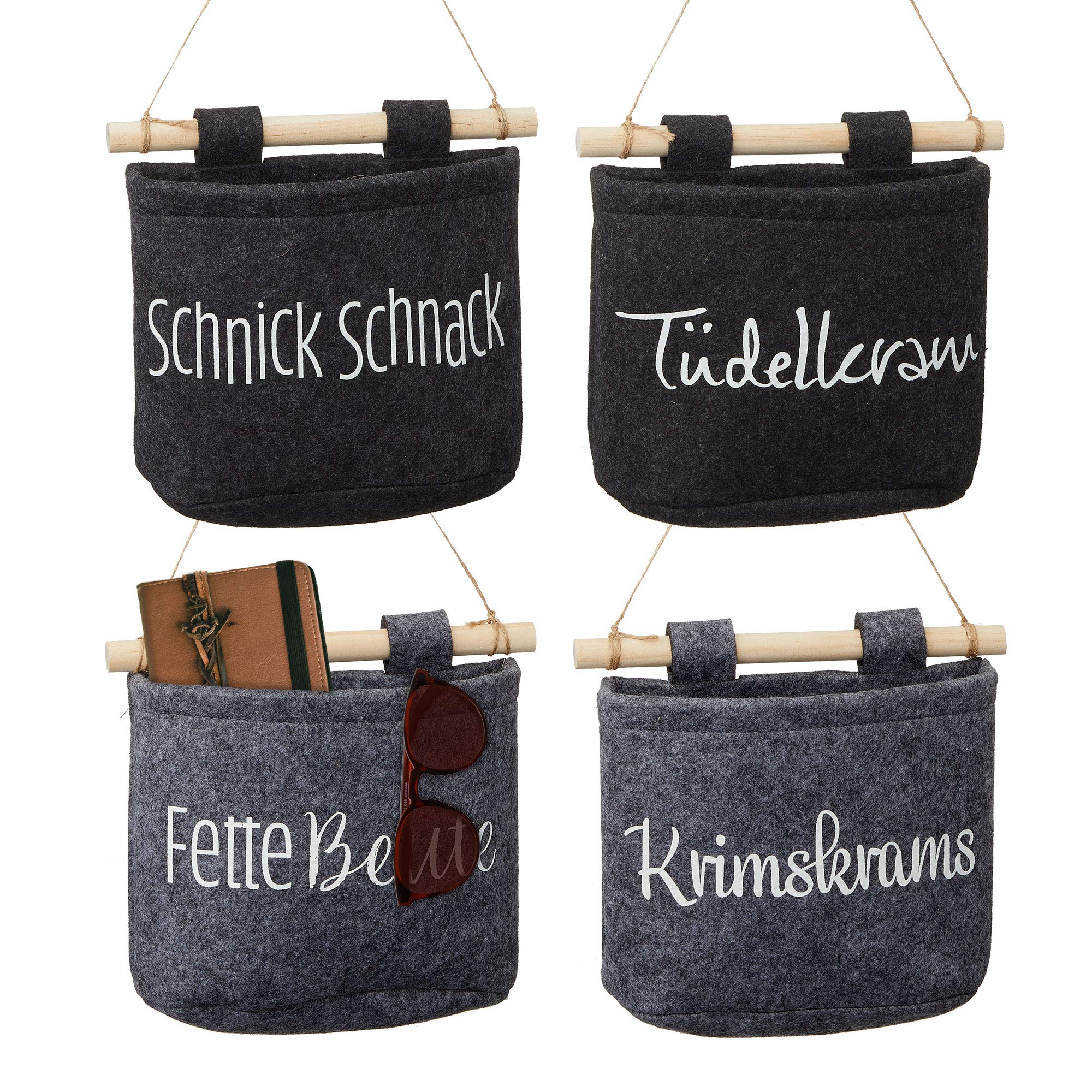 Aufbewahrungstasche 4er Set aus Filz│Hängekorb grau, anthrazit │Krimskrams, Fette Beute, Tüdelkram, Schnick Schnack