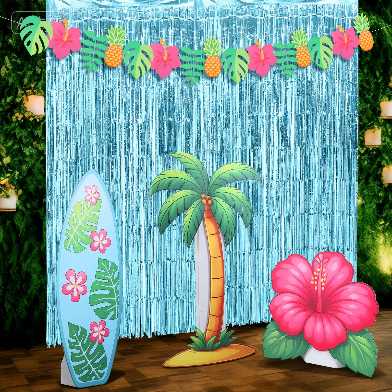 Jenaai Tropische Luau-Party-Dekoration, Strand-Hawaii-Partyzubehör, beinhaltet 2 blaue Folien-Fransenvorhänge, 3 große Surfbrett- und Palmen-Karton-Dekor, Papierbanner für hawaiianischen