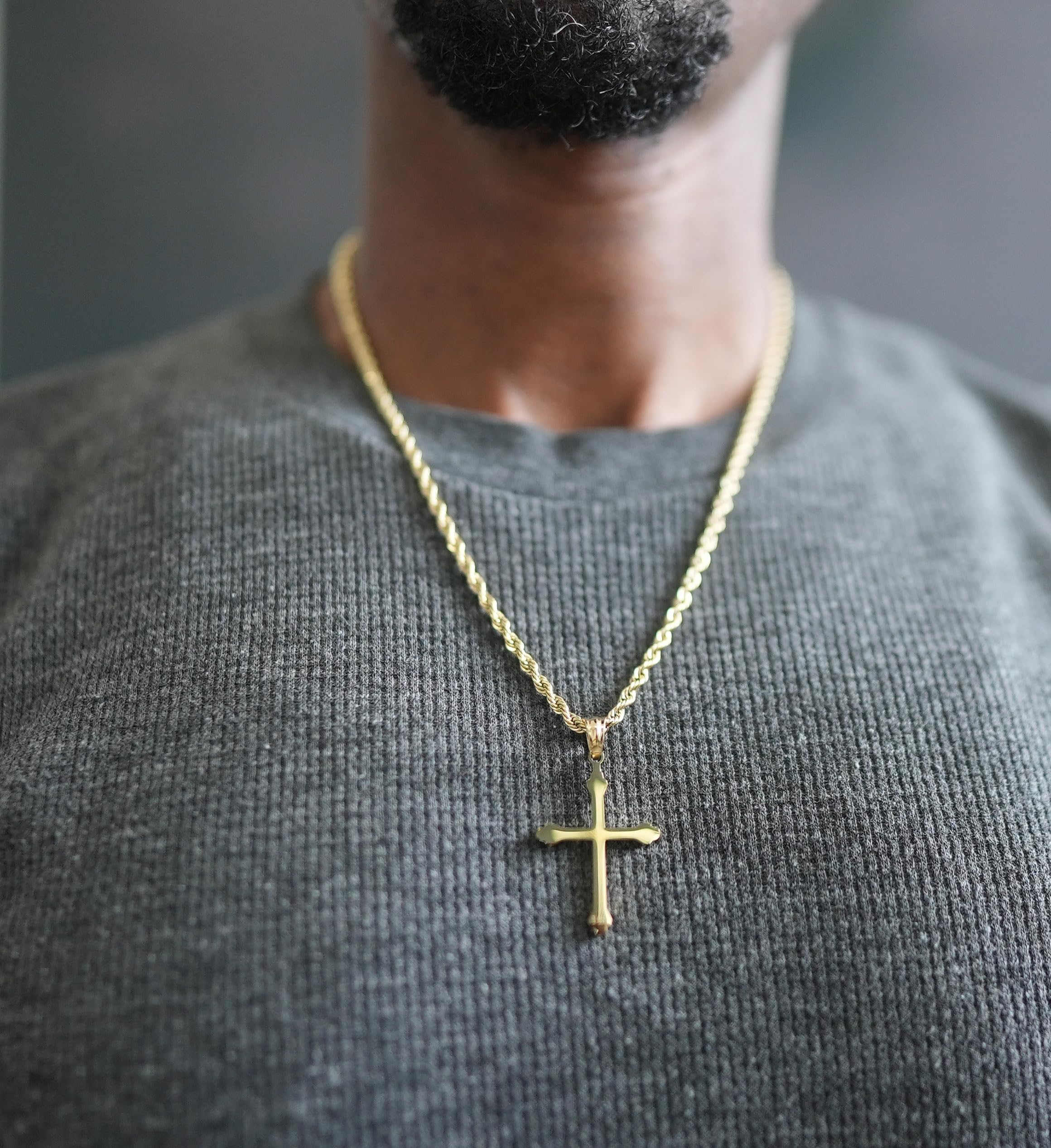 18K Small Gold Cross Necklace Pendant Charm with 3MM Rope Chain Gift for Men Women Husband Wife Baptism Religious w/real strong Solid Clasp Fashion Jewelry