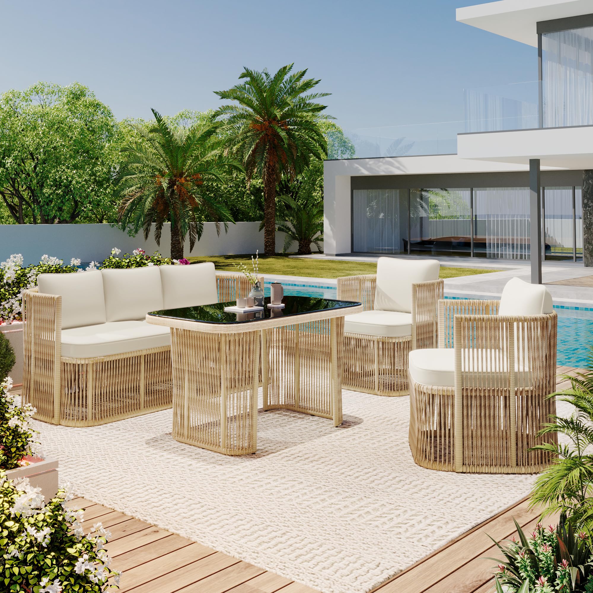 Conjunto de Jardin Exterior de Ratán para 5 Personas, 4 Piezas, Set Muebles Jardin con Mesa y 2 Sillones, Sillas con Cojines, Juego de Muebles de Jardín para Patio Terraza (Beige + Negro)