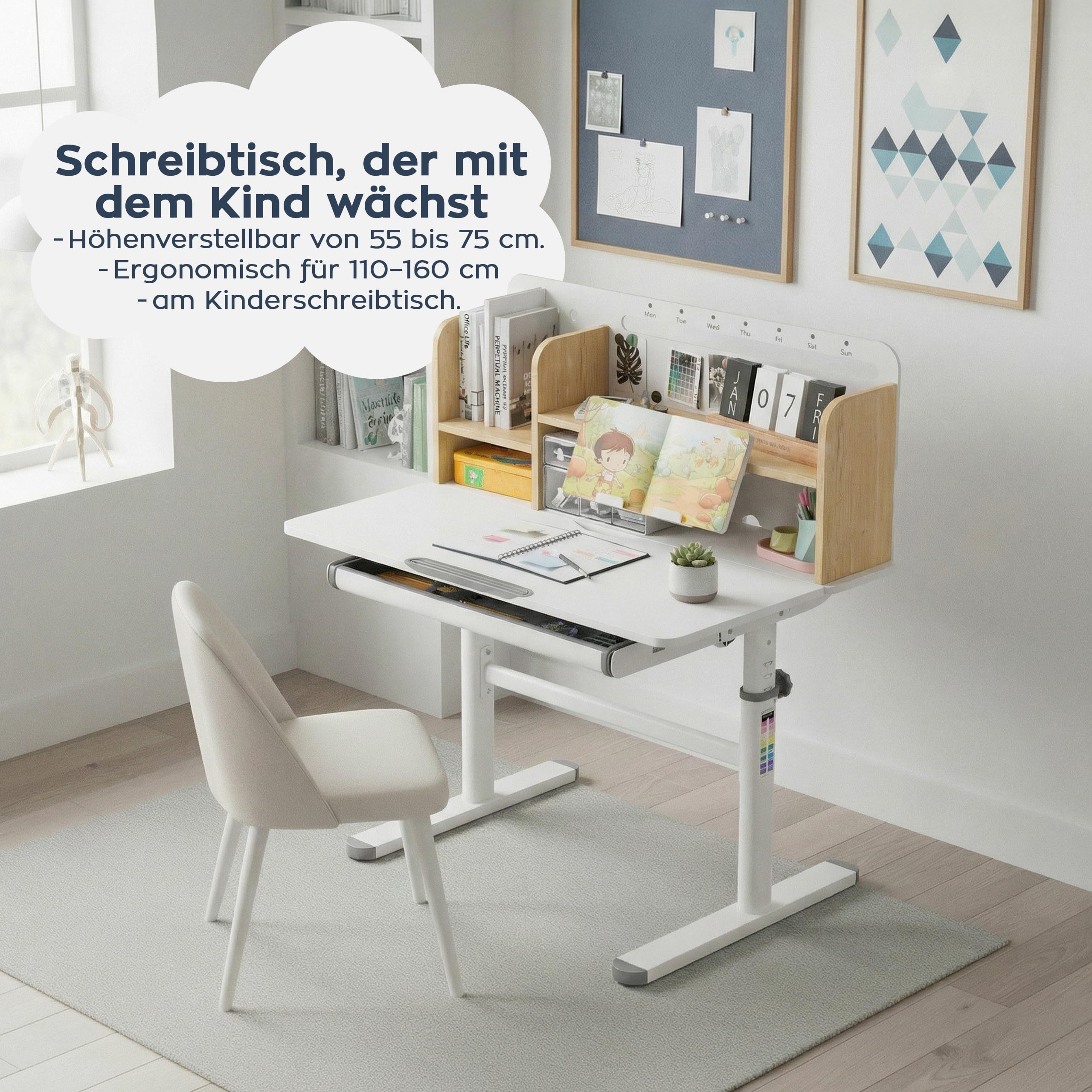 TULANO Mark Adler Study 5.0 Wood – Schreibtisch Kinder ab 6 Jahren höhenverstellbar – Ergonomischer Kinderschreibtisch neigbar mit mitwachsender Funktion, Schublade & Buchstütze – 90 x 60 cm – Eiche