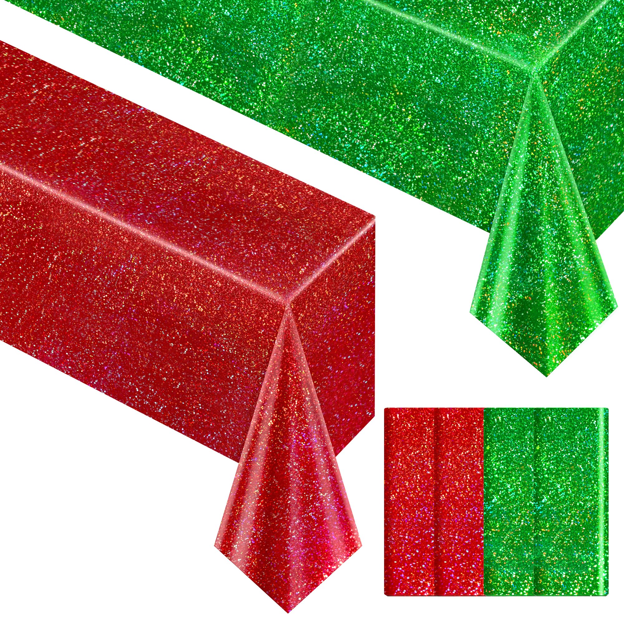Just Shimmer 4 Pieces Red &amp; Green Holographic Tablecloth 40" x 108" Party Decoration Birthday Party Table Decor Iridescence Plastic Table Cloth for Bachelorette Supplies