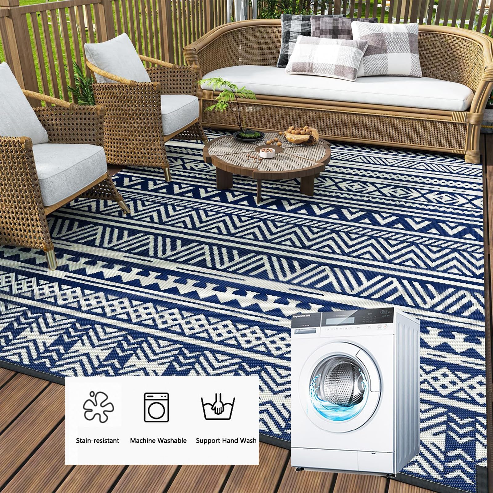 GAOXIAO Tapis D'extérieur Imperméable et Réversible, Tapis de Jardin Bohème Résistant aux UV Pluie pour Terrasse Balcon Salon Plage Camping Pique-Nique Lavable Coffee 200 * 300cm