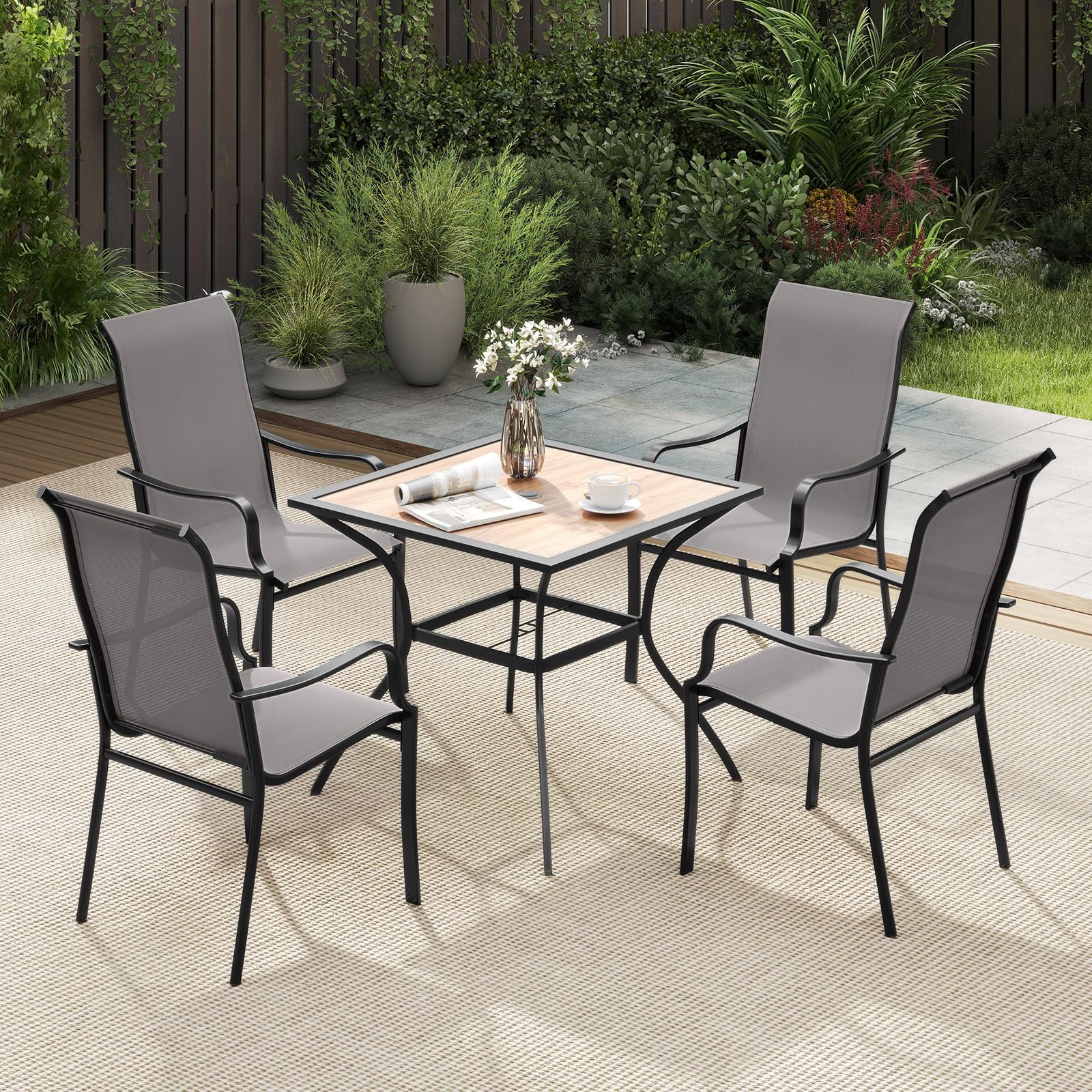 COSTWAY 2 Sillas Jardin Exterior Textilene, Sillas Comedor con Respaldo Alto y Asiento Ancho, Estructura Metálica, Terraza Balcon Exterior, 56 x 73 x 101 cm, Carga 150kg