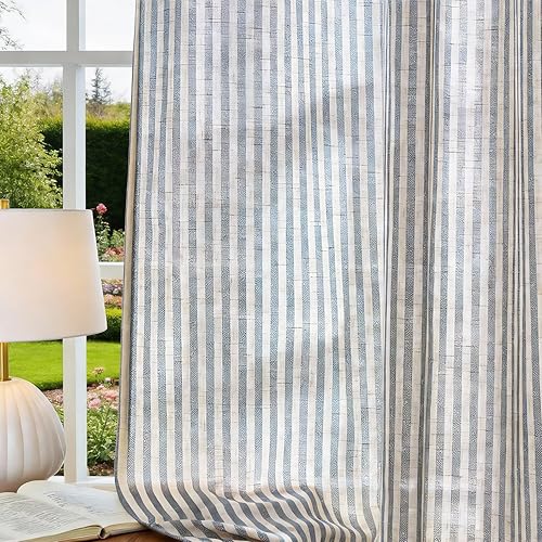 Miniatura 7 de Vangao Cortinas de lino a rayas para sala de estar, dormitorio, casa rural con estampado de rayas de tictac, cortinas impresas con ojales en la