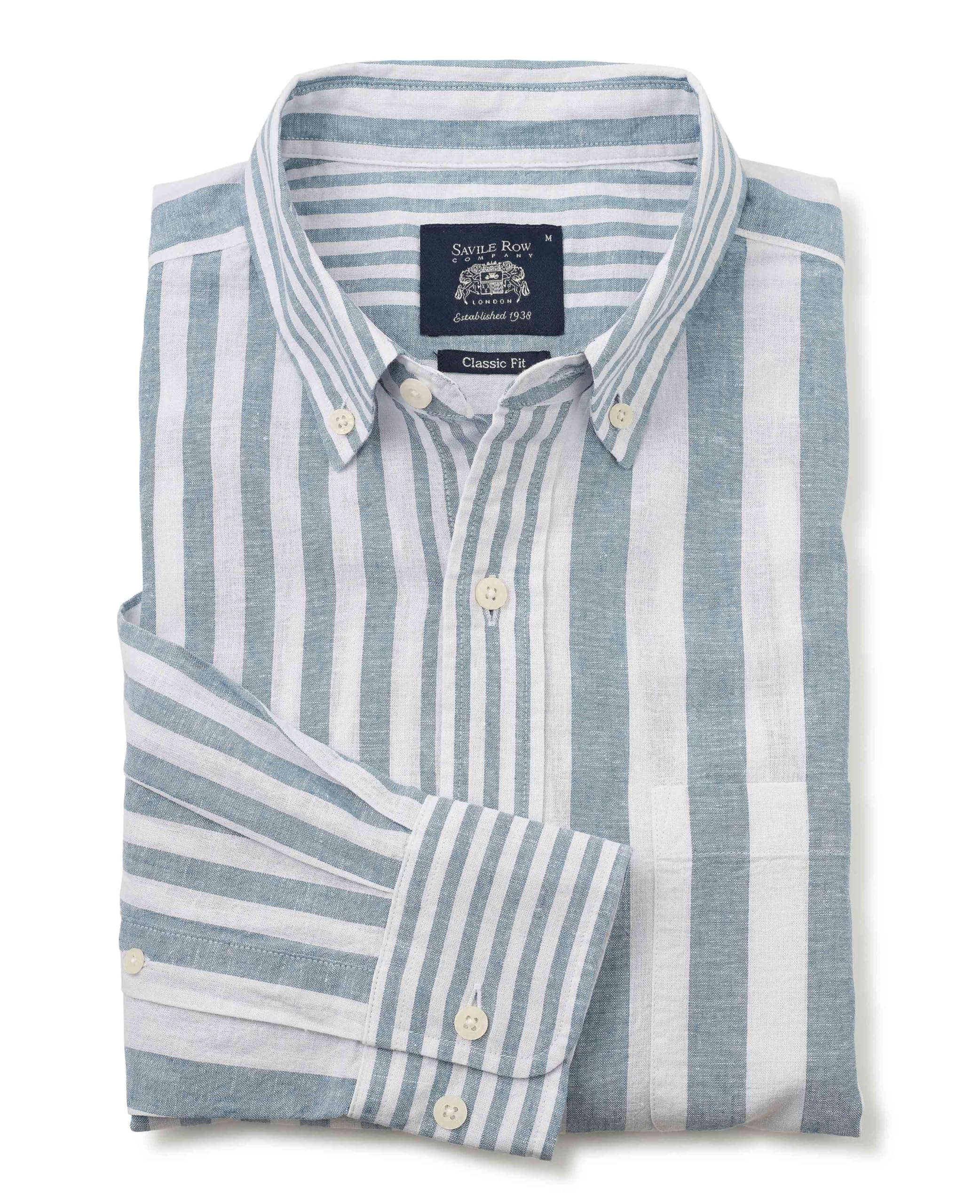 The Savile Row Company London Men's Blue White Variegated Stripe Classic Fit Linen-Cotton Blend Long Sleeve Casual Shirt - 3XL
