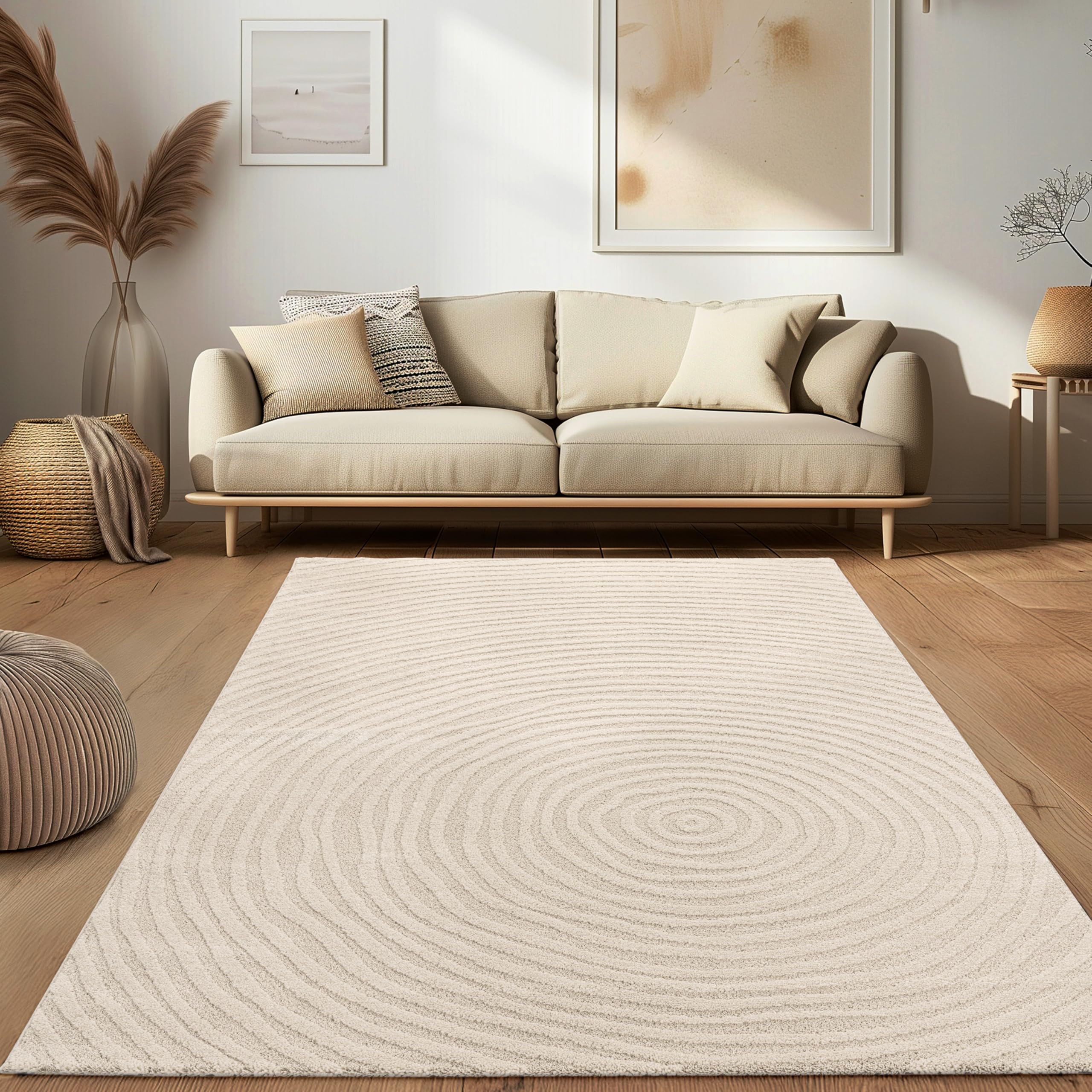 Paco Home Moderner Wohnzimmer Teppich Kurzflor Skandinavisch Japandi Stil Panglao Einfarbig Hoch-Tief-Effekt Abstraktes Muster 3D Effekt weicher Flor Creme - Bogen, Größe:160x220 cm