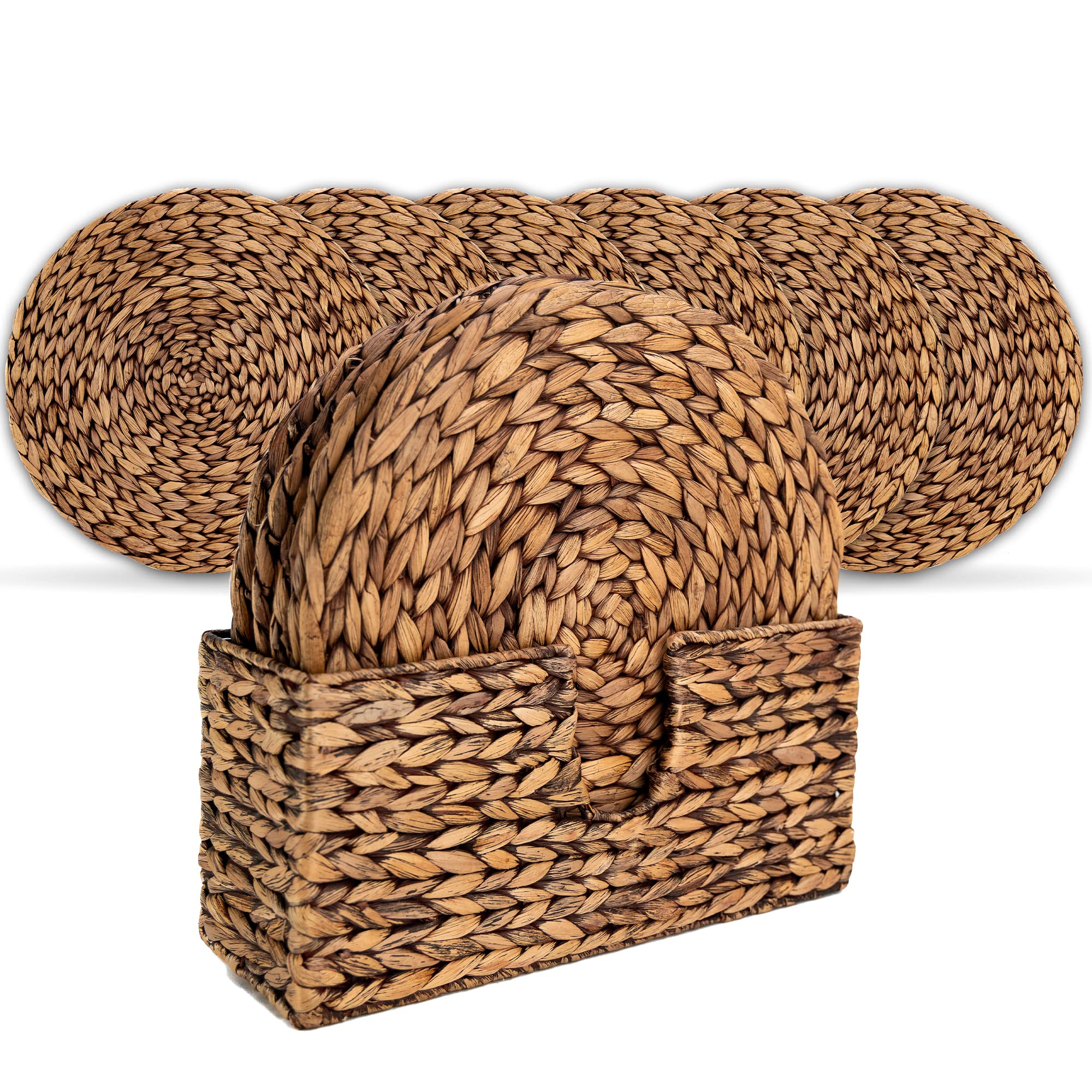 Wovanna Woven Brown Placemats for Dining Table Set of 6 Thick Rustic Round Kitchen Placemats with Decorative Tall Holder All Natural Wicker Tablemats Hand-Braided from Water Hyacinth 13.5