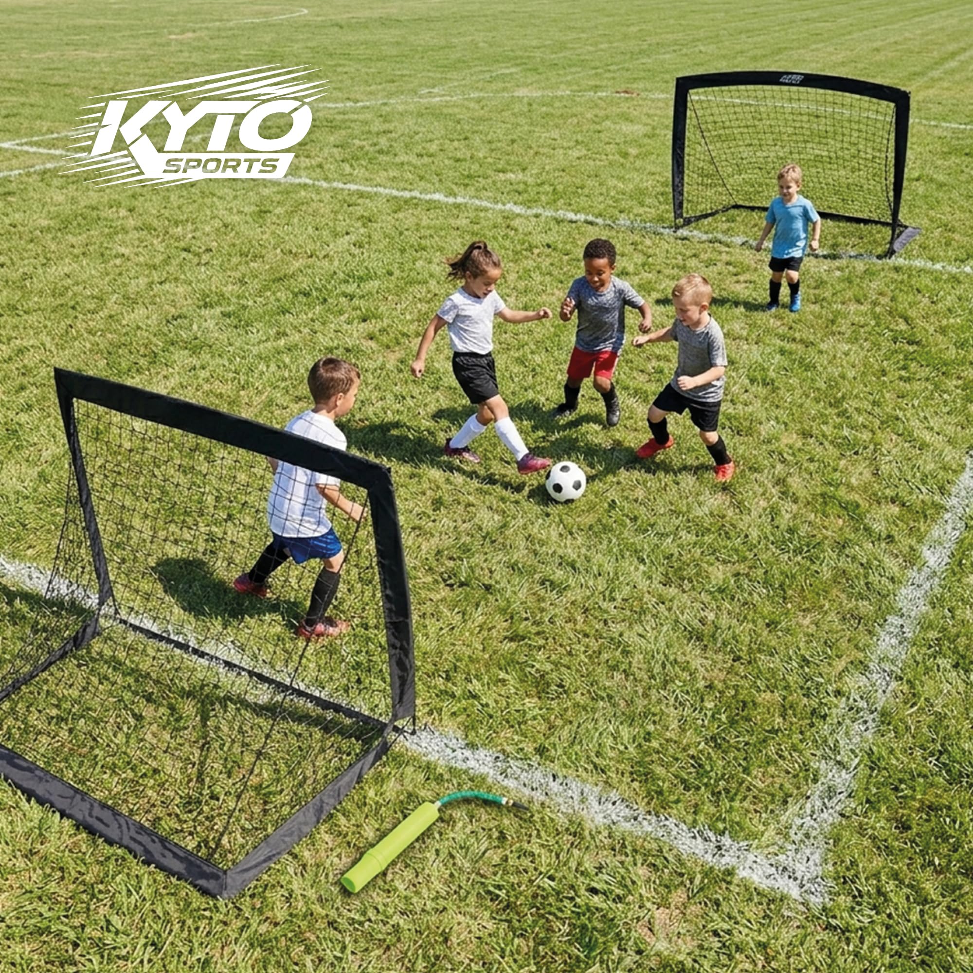 KYTO Set 2 Porte da Calcio Bambini con Rete, 90x120 cm | Struttura in metallo, ancoraggi a terra, pallone mini e pompa inclusi – ideale per giardino e parco