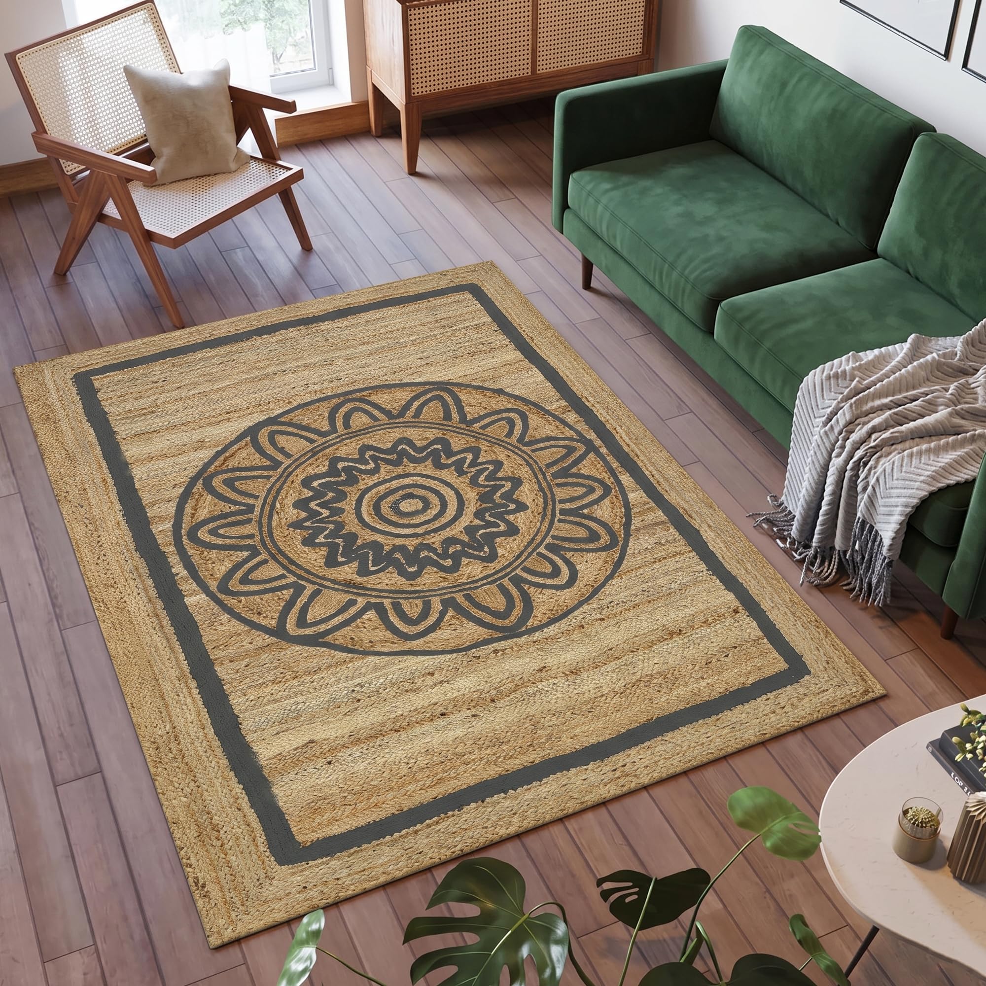 Tapis en jute naturelle anti-usure pour protéger vos sols avec style mandala floral