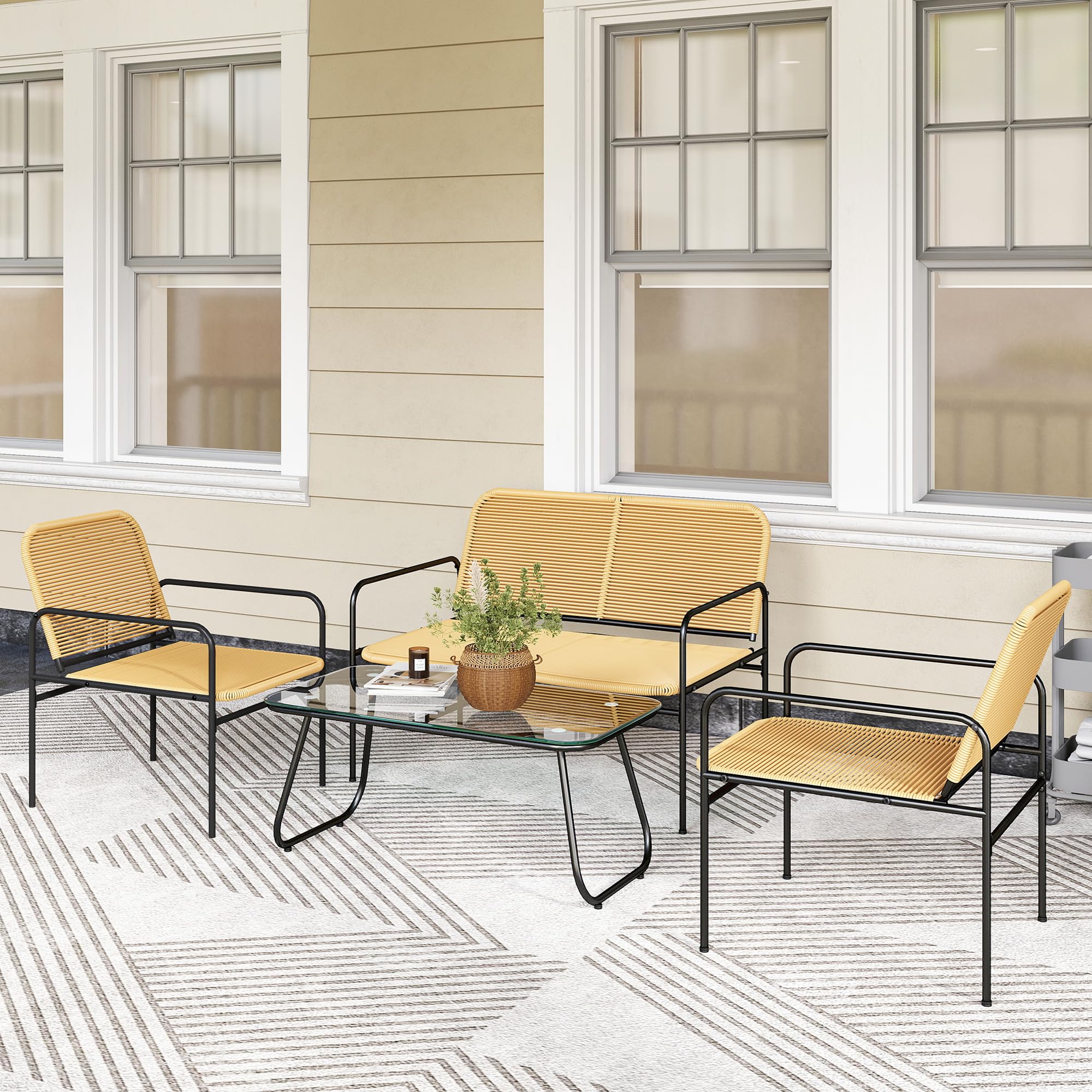 Outsunny Conjunto Jardín Exterior de Ratán, Muebles Jardín Exterior Resistentes a la Intemperie, Conjunto Terraza con Sofá de 2 Plazas, 2 Sillones, Mesa con Tablero de Vidrio Templado, Natural