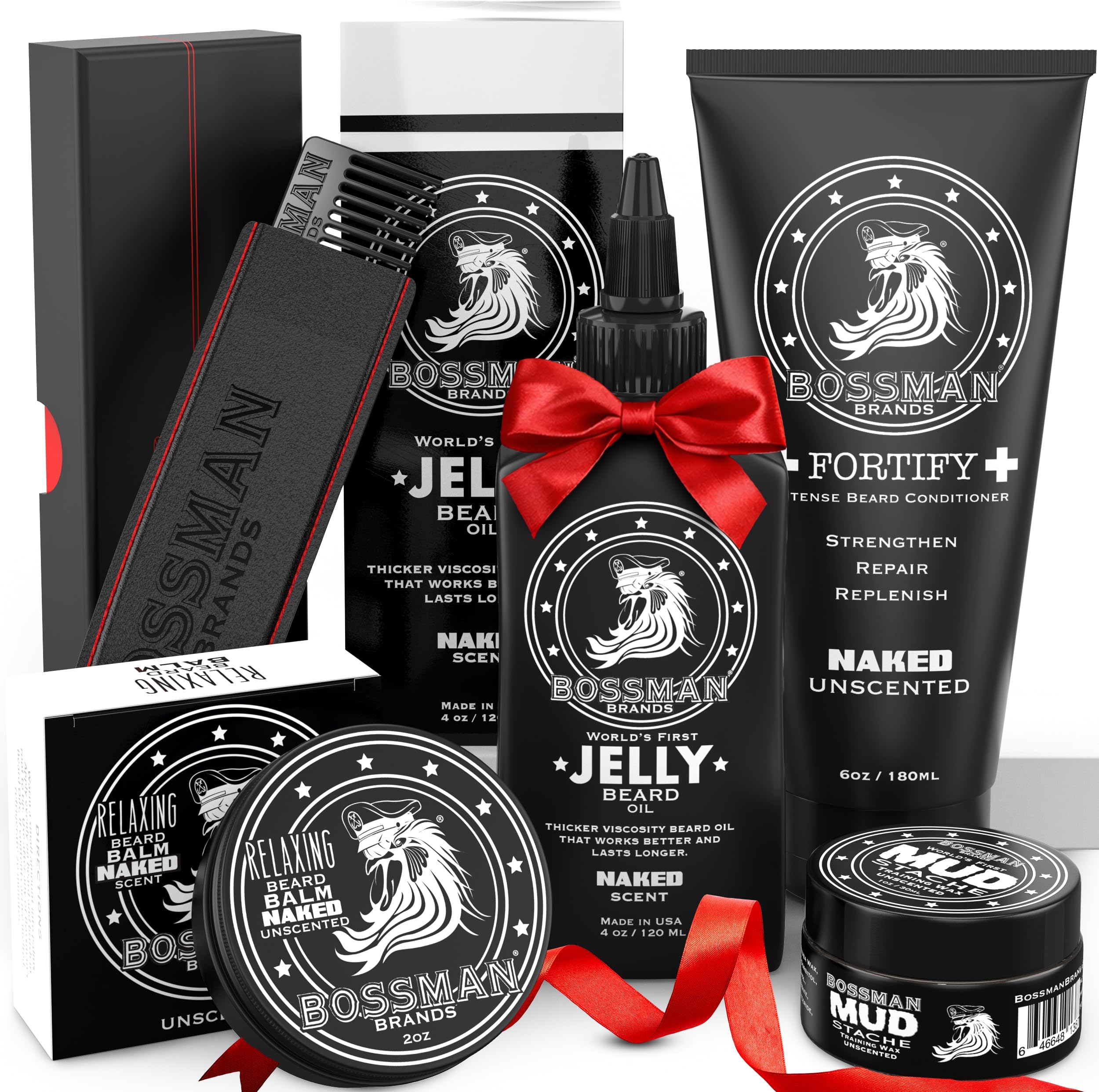 Bossman Complete Beard Kit for Men - Dad Gifts for Father's Day, Men's Beard Oil Jelly, Fortifying Shower Conditioner, Balm, Mustache Wax & Comb โ Beard Softener & Grooming Care - (Naked - Unscented)