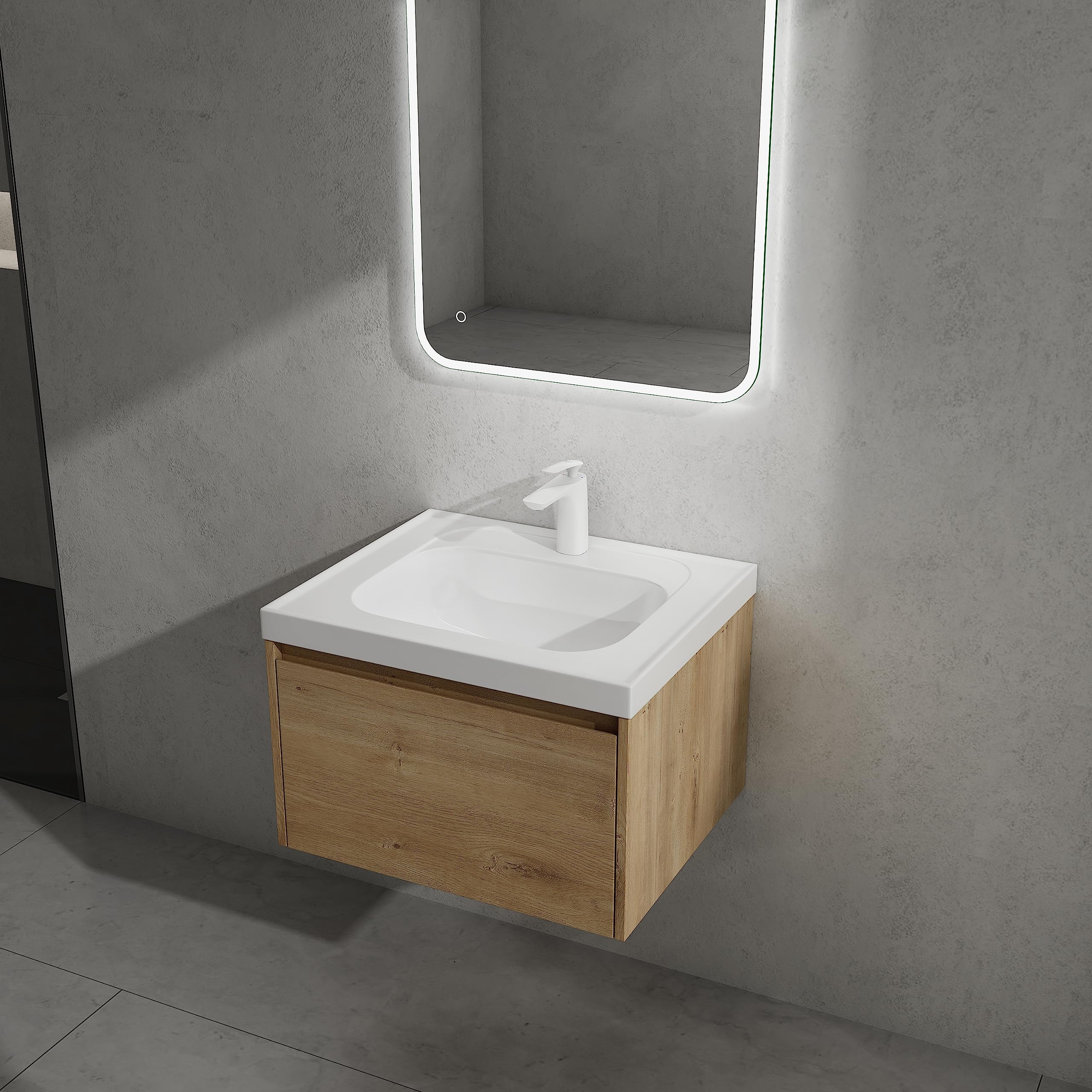 doporro Meuble de Salle de Bains Marron Clair Ensemble de 2 Pièces Meuble Suspendu avec Lavabo 80cm avec Soft-close Design Salerno