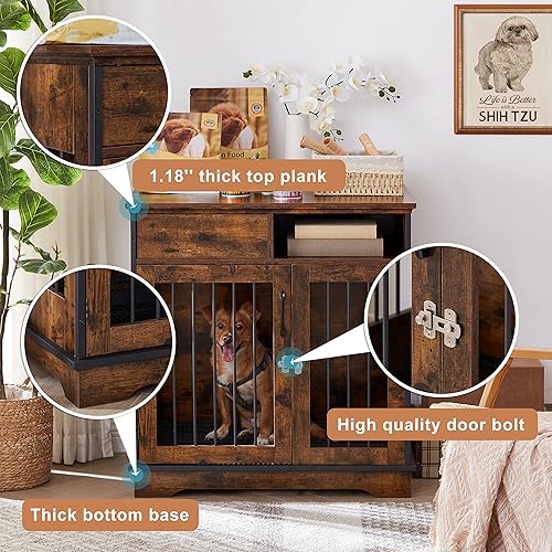Miniatura 5 de RITSU Jaula para perros de 32.28 pulgadas, mesa terminal de jaula de mascotas para interiores, jaula decorativa de madera para perros con cajón de