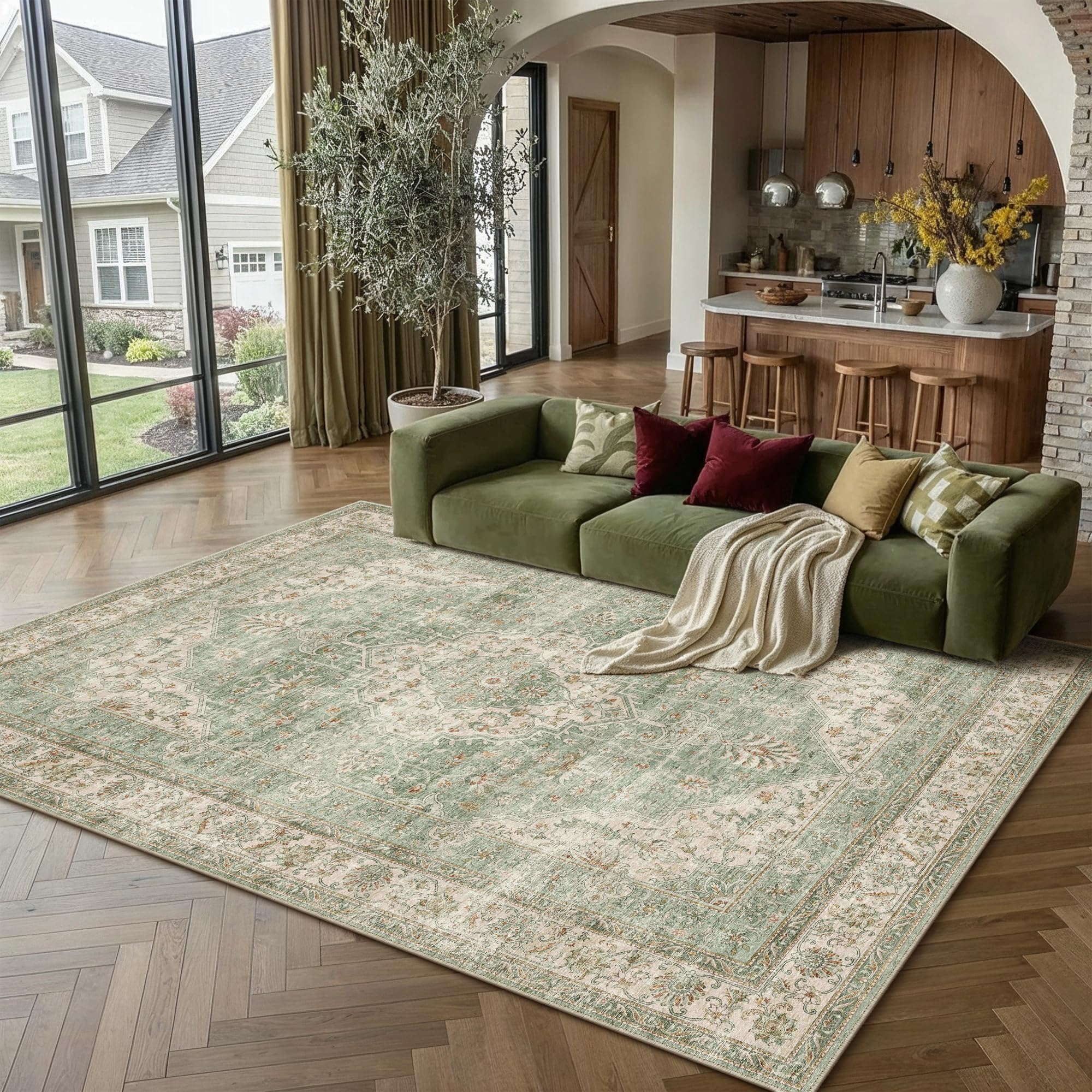 PureCozy Alfombra Salon 160x230cm Verde Antideslizante | Lavable, Vintage, Grande, Rugs, Alfombras, Tapete, Sala, Dormitorio, Cocina, Comedor, Carpet, Pelo Corto