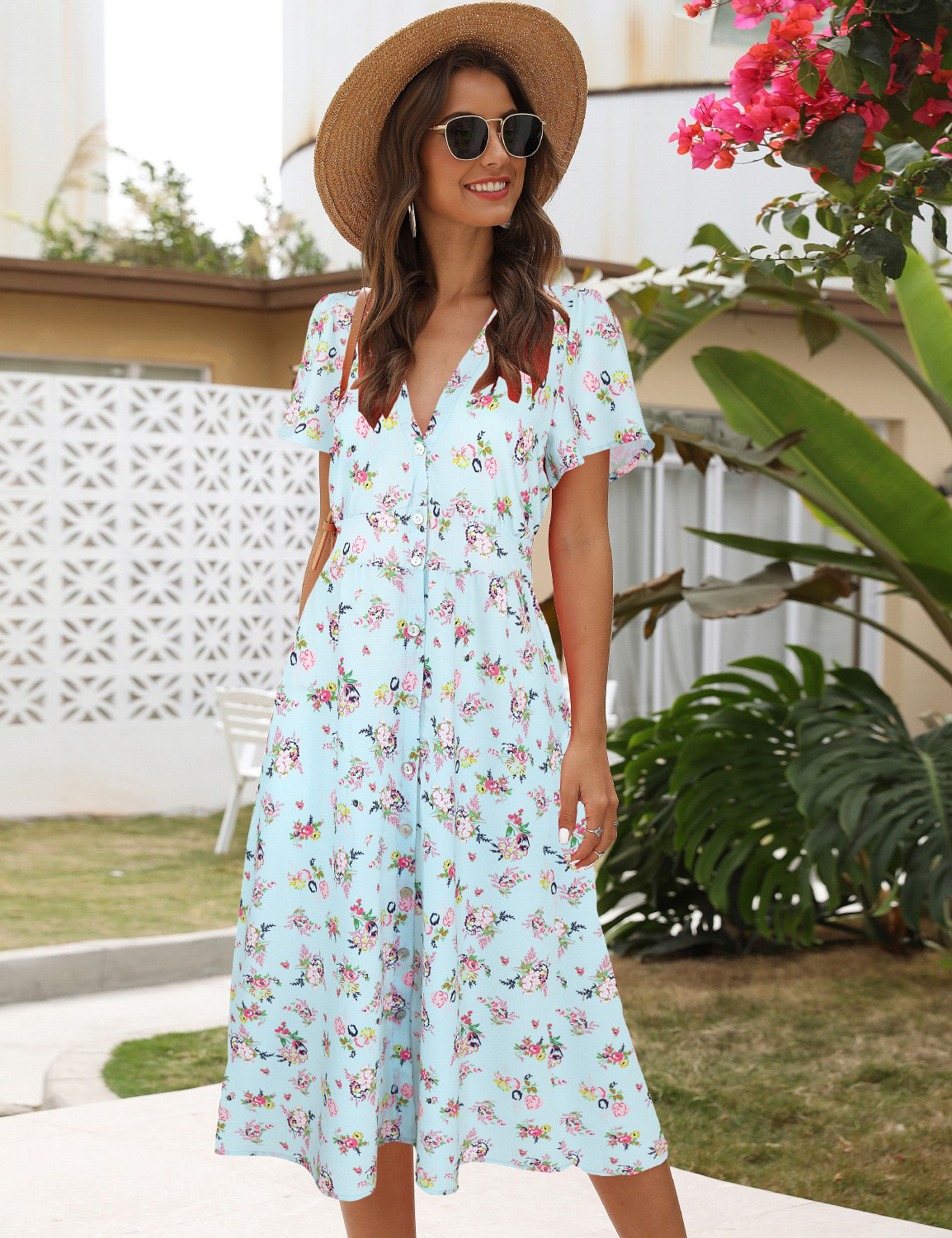 ROYLAMP Women's Button Up Split Dress Deep V Short Sleeve Casual