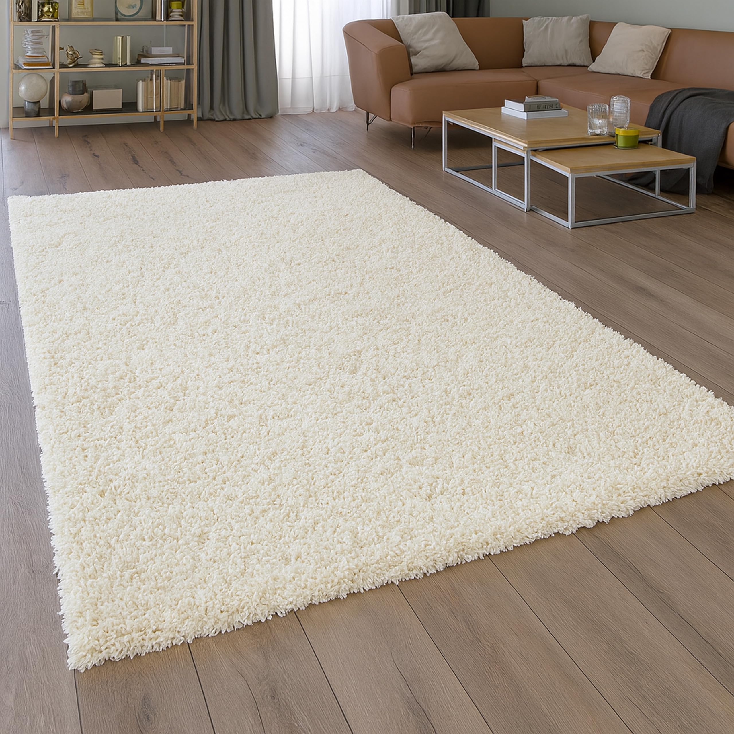 Teppich-Traum Moderner Shaggy Teppich Hochflor Uni Creme 140x200 cm