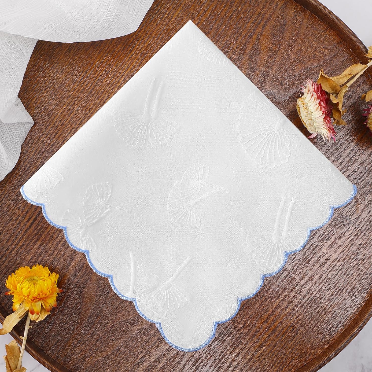 HOULIFE Women Handkerchiefs with Scalloped Edge Soft Cotton Embroidered Handkerchief Ladies Wedding Hankies 3PCS - Image 3