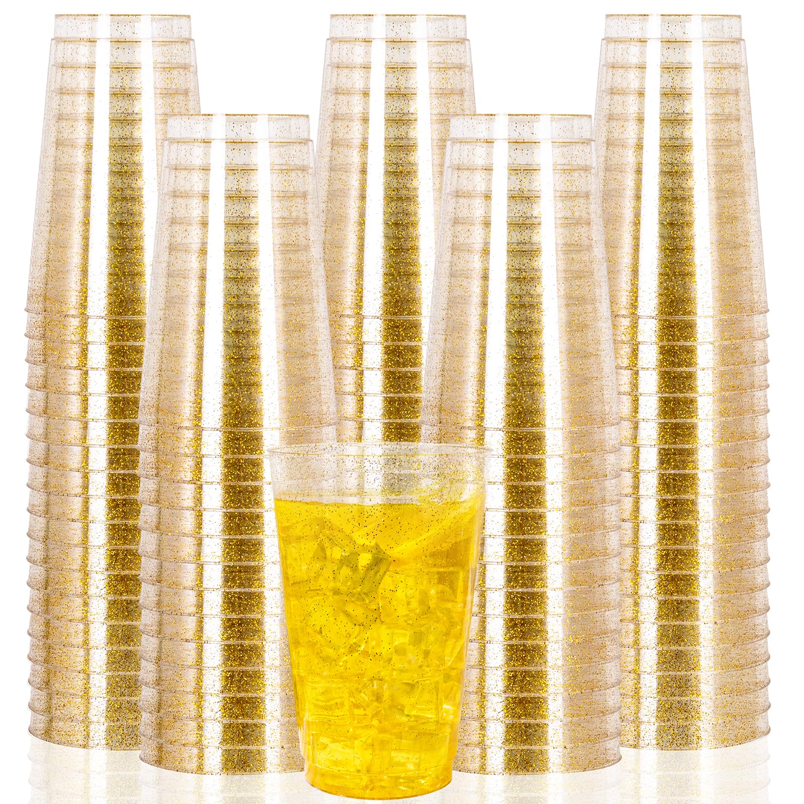 I00000 100 Pack 14 oz Gold Plastic Cups Disposable Tumblers Gold Glitter Plastic Cups Disposable Wine Glasses Cocktail