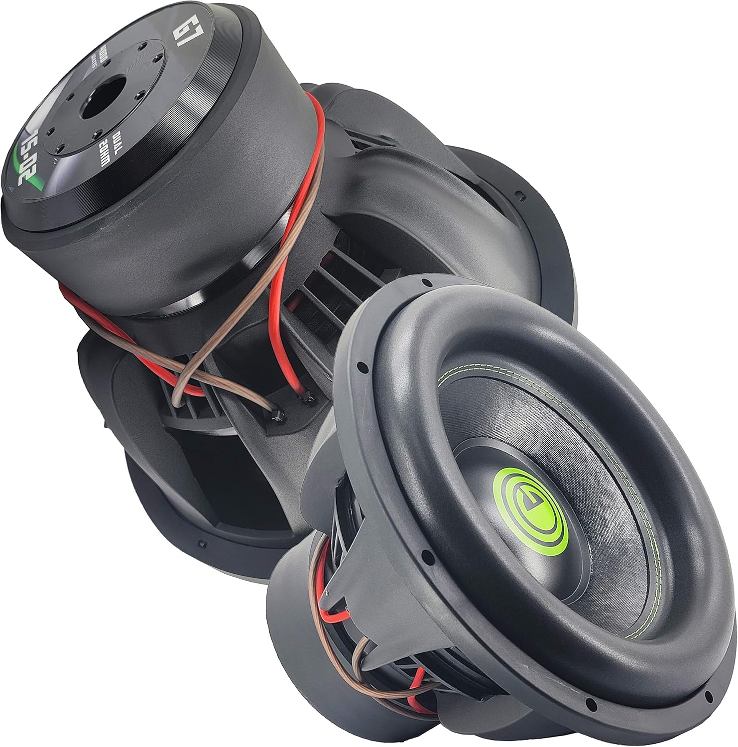 Two Gravity Warzone G715D2 subwoofers, one upright and one tilted, showcasing their design and robust construction.