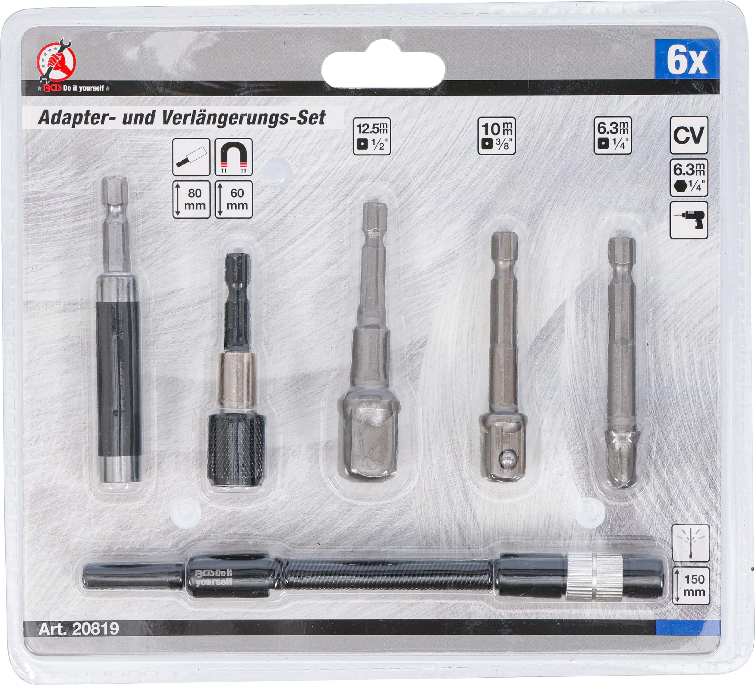 BGS Diy 20819 - Set di adattatori e prolunga, per trapani, 6 pezzi