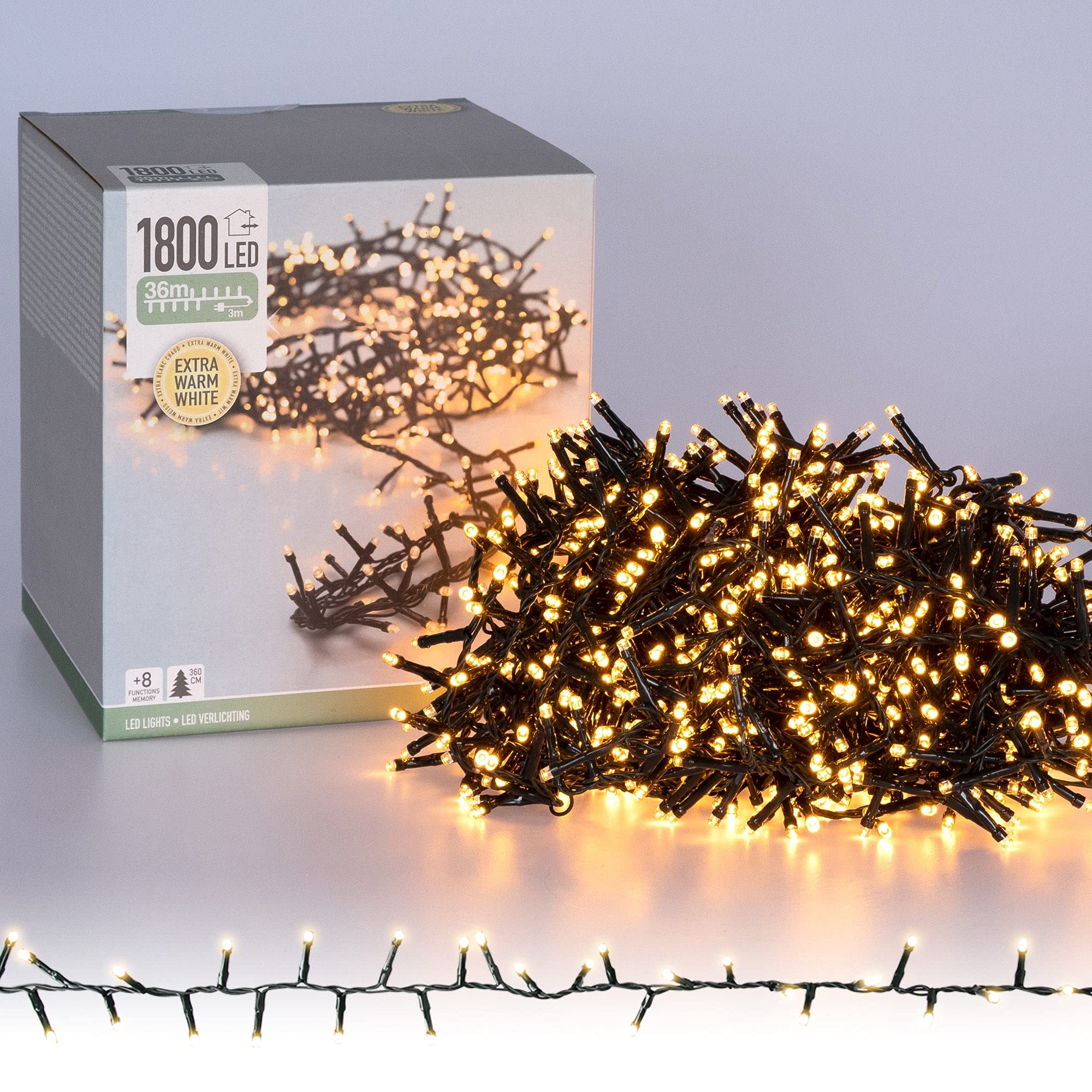 ECD Germany LED Cluster Lichterkette 1800 LED 36m Extra Warmweiß mit 8 Programmen, Clusterlichterkette Büschellichterkette Weihnachtsbaum Weihnachtsbeleuchtung Deko Weihnachten, IP44 Innen & Außen